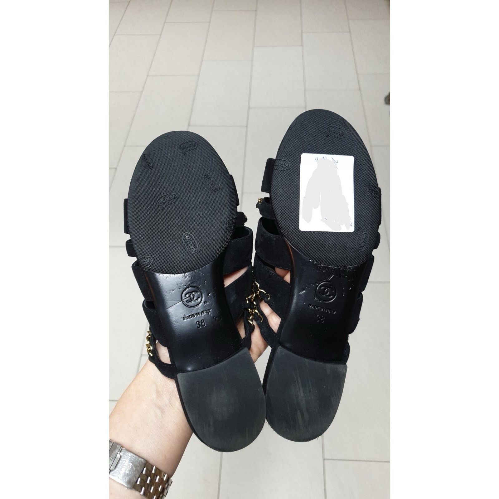 Chanel Chanel Black Suede Chain Open Toe Flat Sandals Sz.38 Size US 7 / IT 37 - 5 Thumbnail