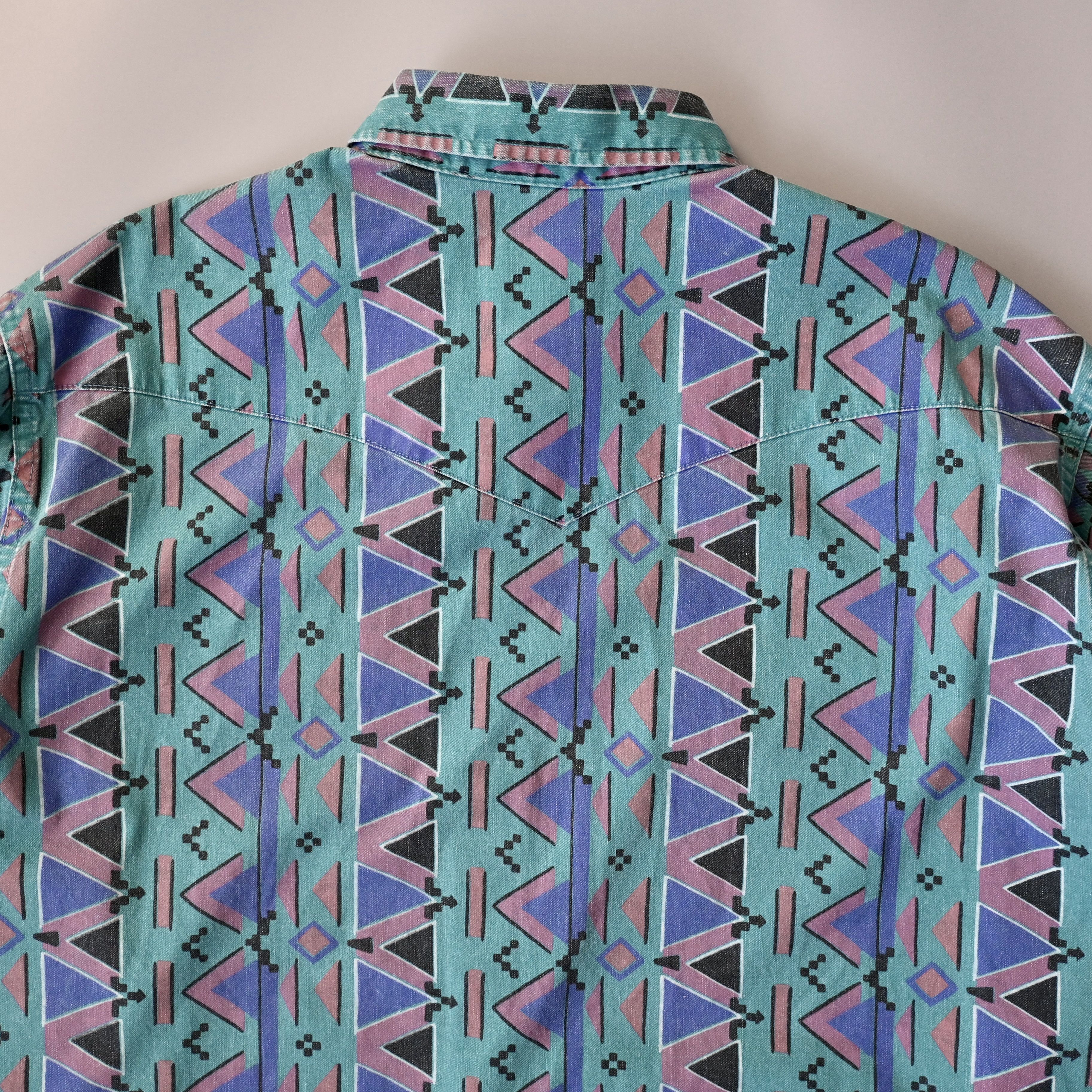 Vintage VTG 90s Wrangler Brushpopper shirt Aztec Navajo teal 17.5-35 Size US XL / EU 56 / 4 - 3 Thumbnail