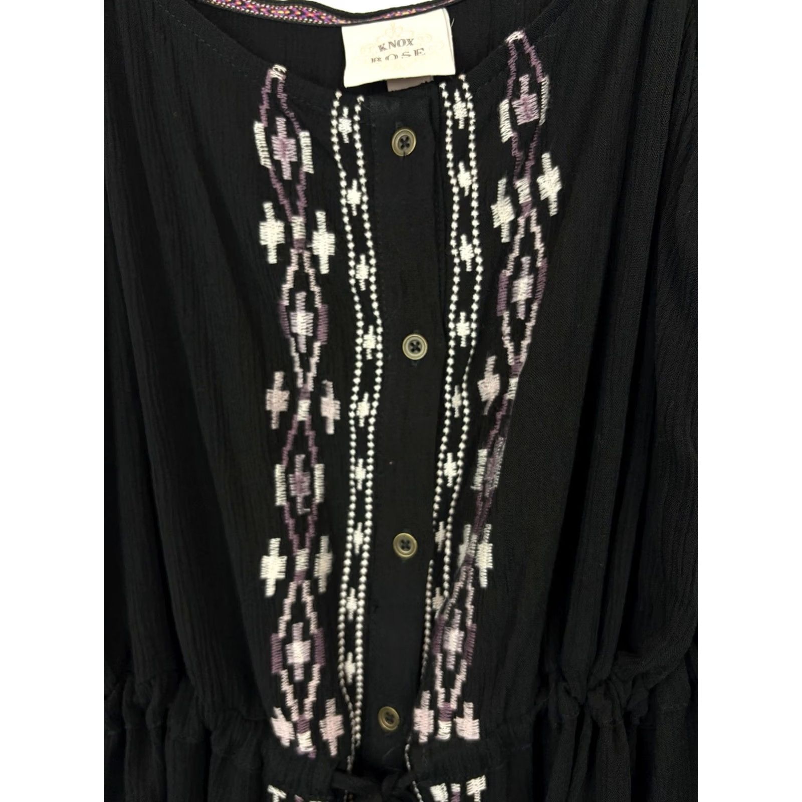 Vintage Knox Rose Mini Dress Womens M Embroidered Peasant Cinch Waist Tassel Geometric Black Sleeveless V-Neck Rayon Short Dress Casual Travel Size M / US 6-8 / IT 42-44 - 4 Thumbnail