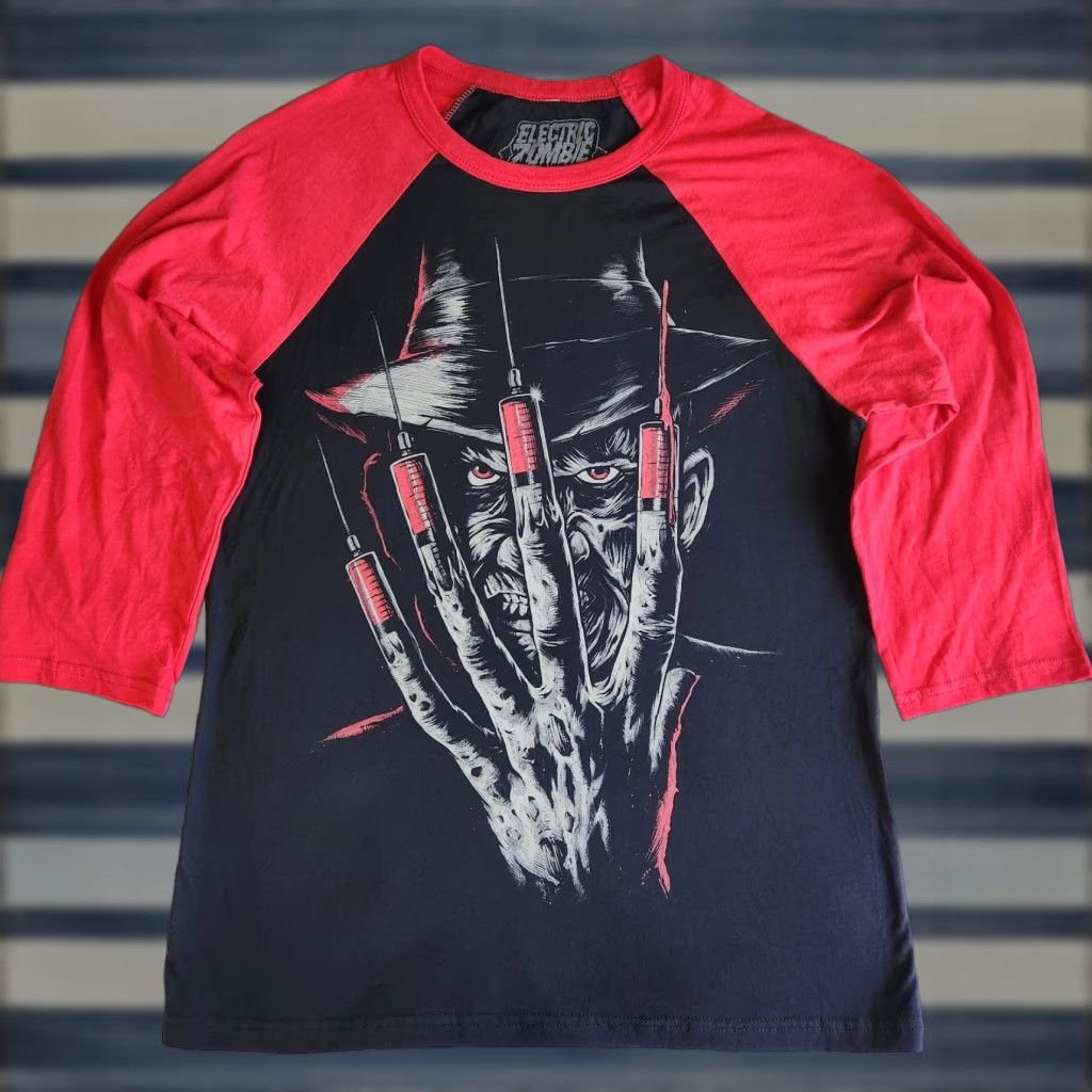 Electric Zombie Nightmare On Elm Street Freddy Krueger MD Raglan Graphic T-Shirt Black Red Scary Horror Movie Killer Halloween Tee