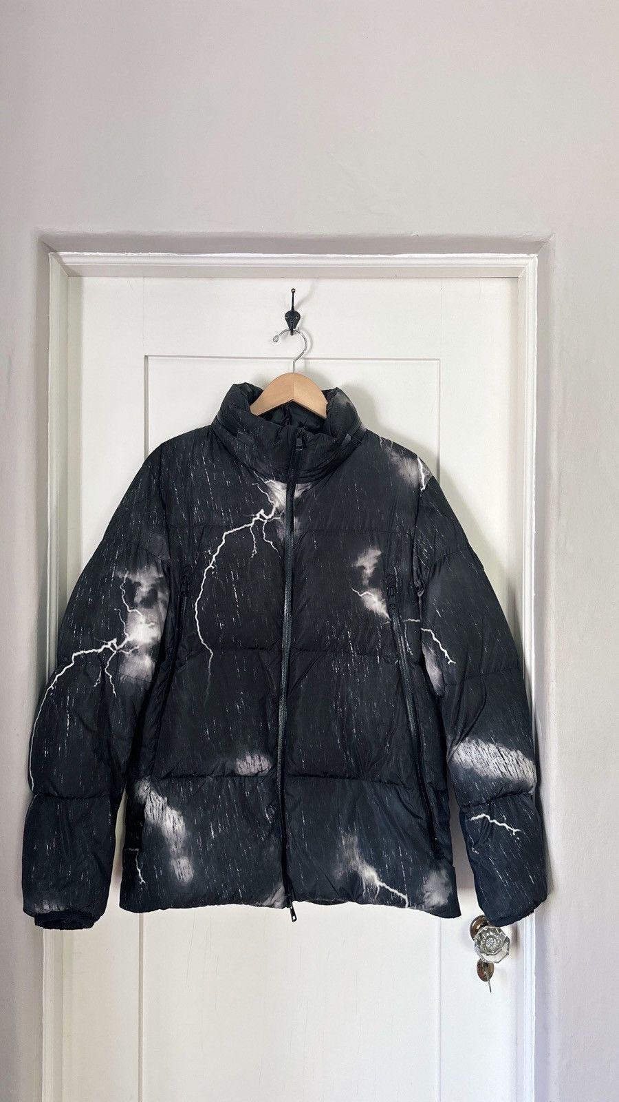 image of Moncler Black Down Fabas Lightning Bolt Jacket, Men's (Size XL)