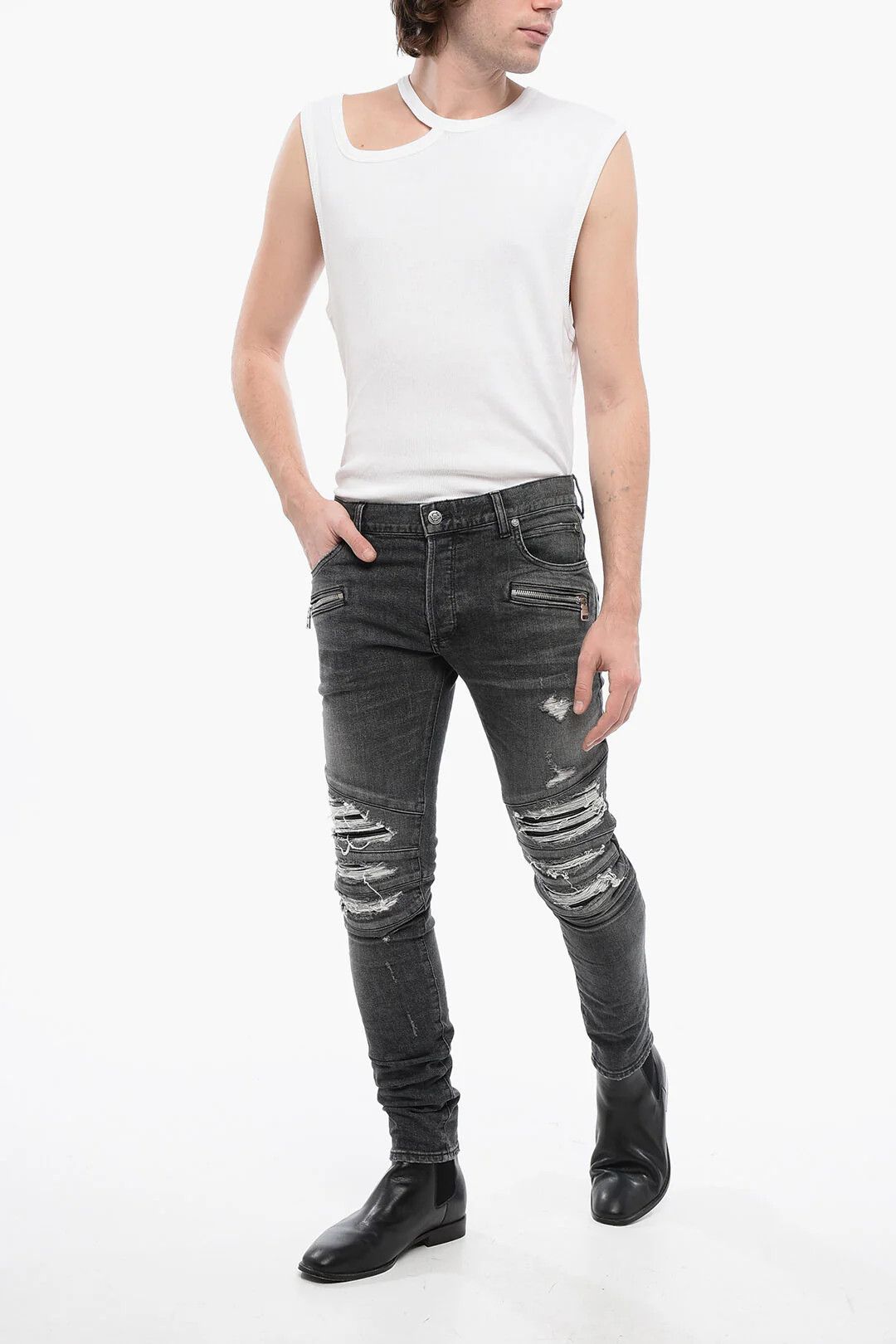 Balmain og1mm0326 Denim Multi-Pocket Distressed Jeans in Grey Size US 33 - 4 Thumbnail