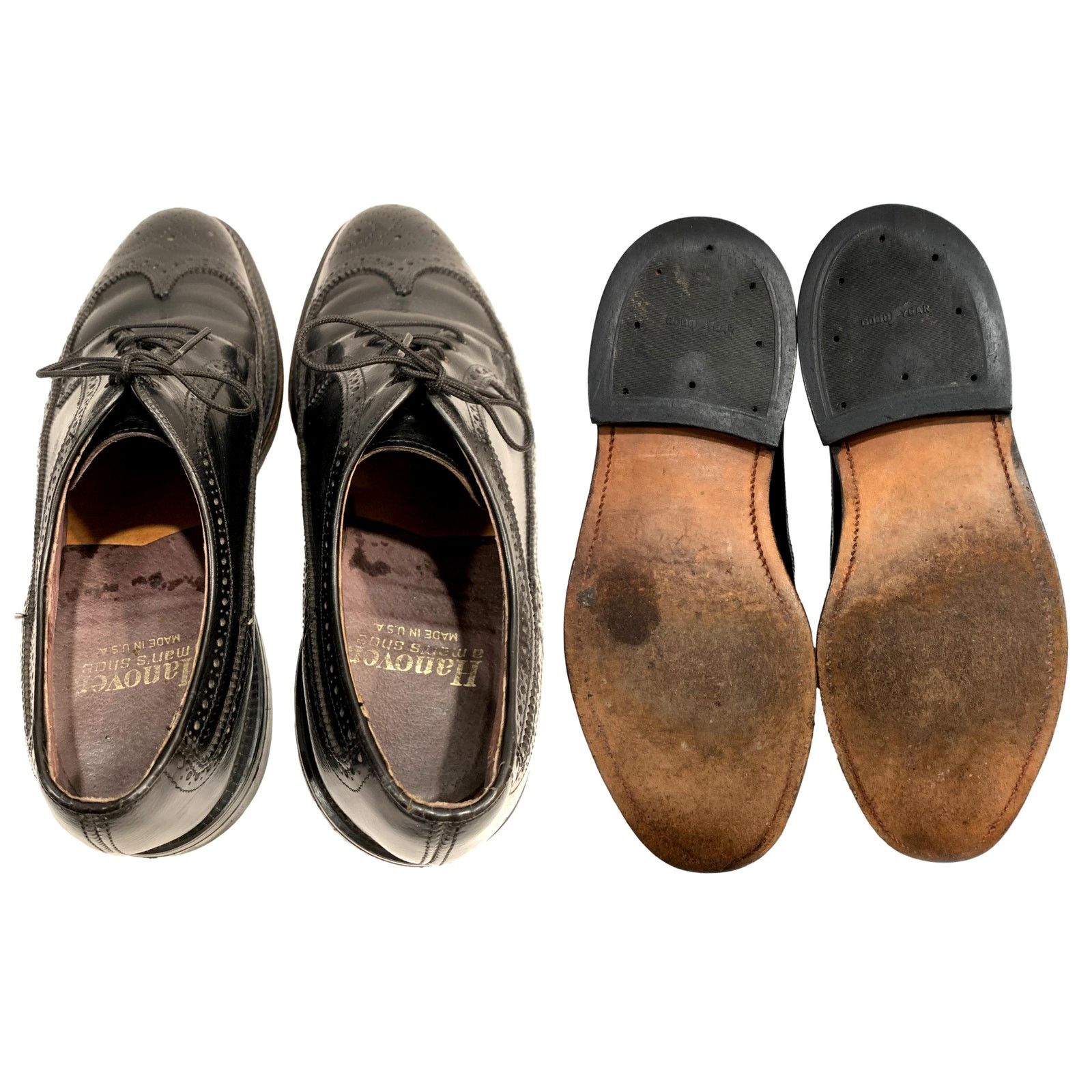 Genuine Leather × Vintage Vintage Hanover Black Leather Wingtips Longwings | 9.5 EEE Size US 9.5 / EU 42-43 - 8 Thumbnail