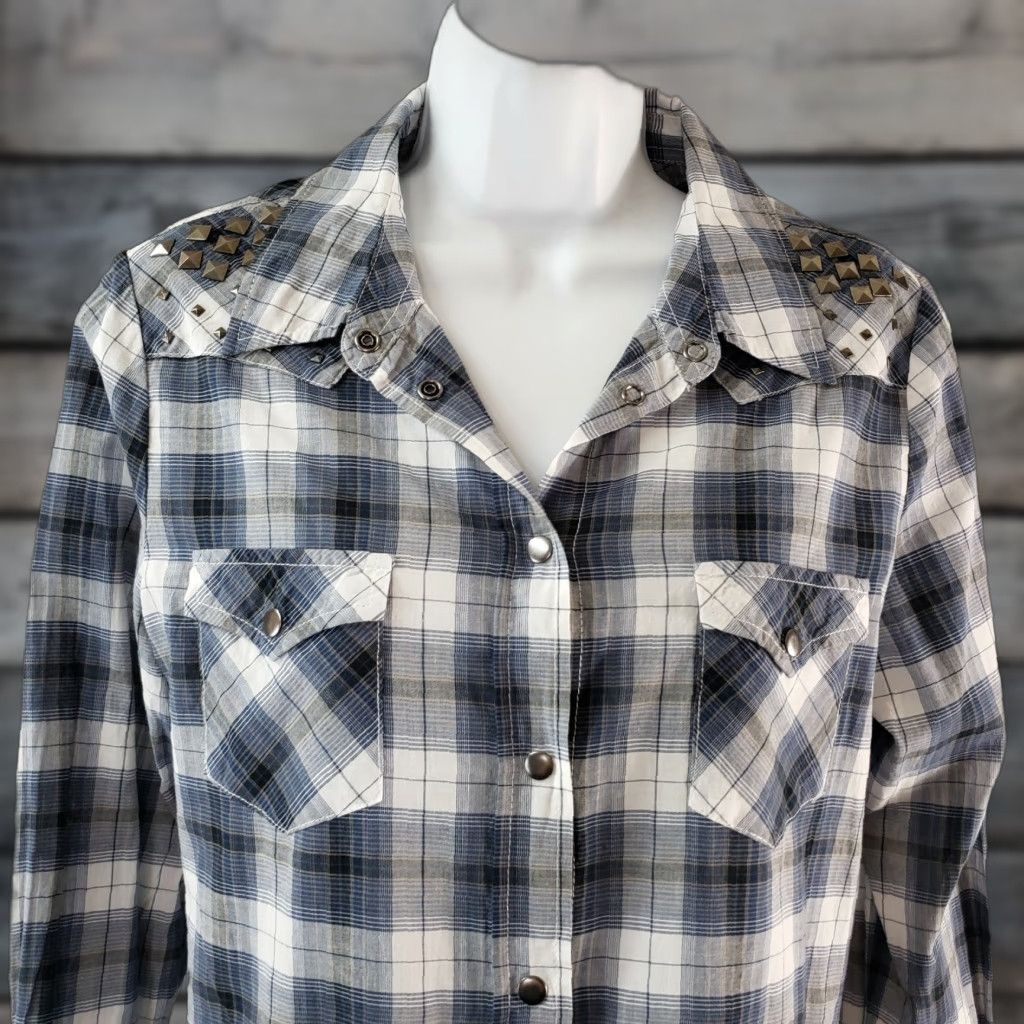 Roper Roper Womens Shirt M Blue Gray Plaid Snaps Studded Long Sleeve Button-Up Casual Womens Size M / US 6-8 / IT 42-44 - 1 Thumbnail