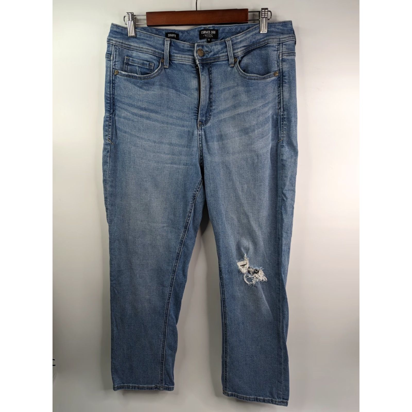 NYDJ NYDJ Curves 360 Shape Jeans High Rise Distressed Blue Denim Womens Size 14 Straight Jeans Stretch Shaping Regular Blue Size 36" / US 14 / IT 50 - 2 Thumbnail