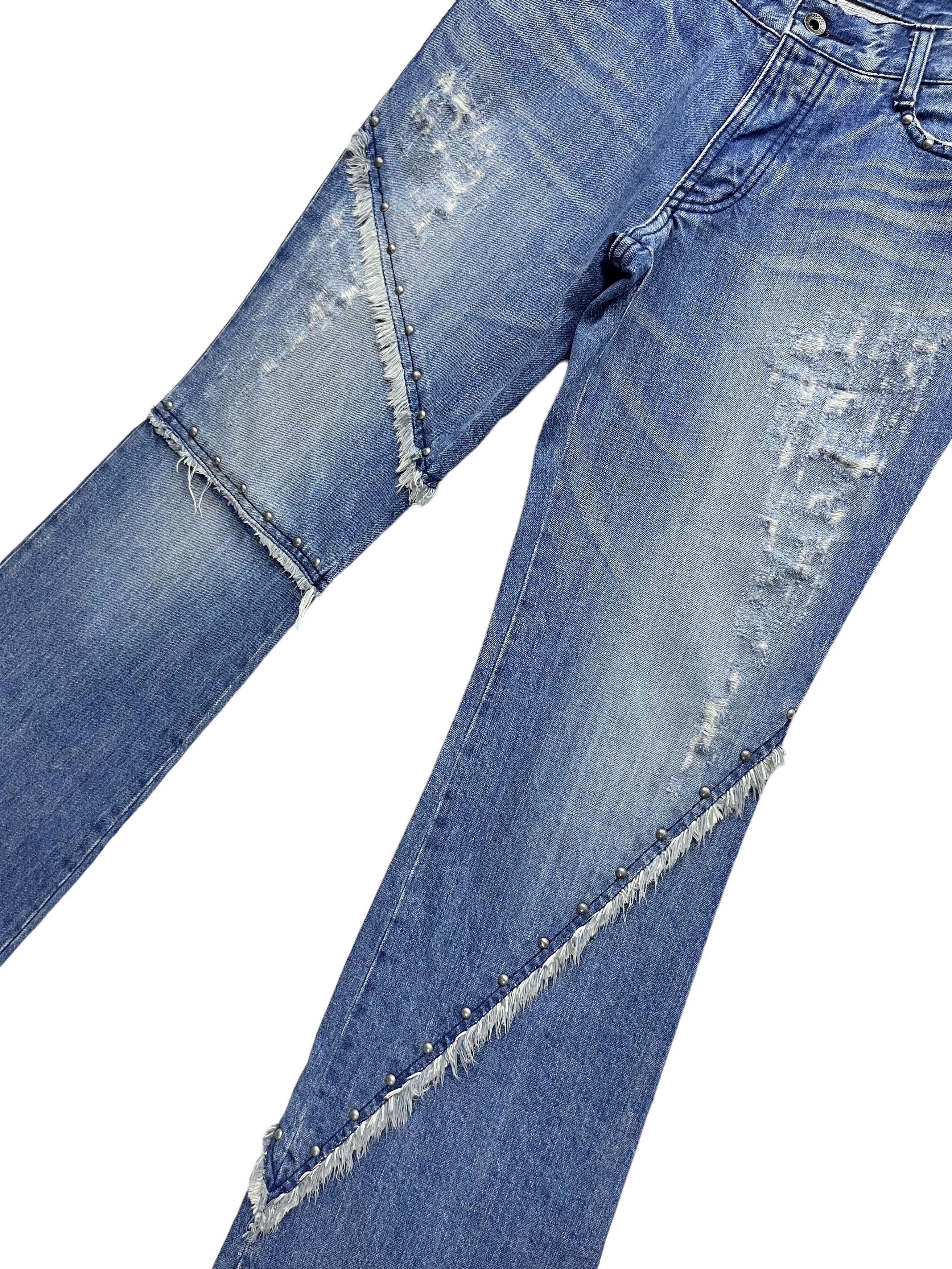 5351 POUR LES HOMMES 🔥Vtg 5351 HOMMES Distressed Frayed Spliced Studded Flare💥 Size US 31 - 8 Thumbnail