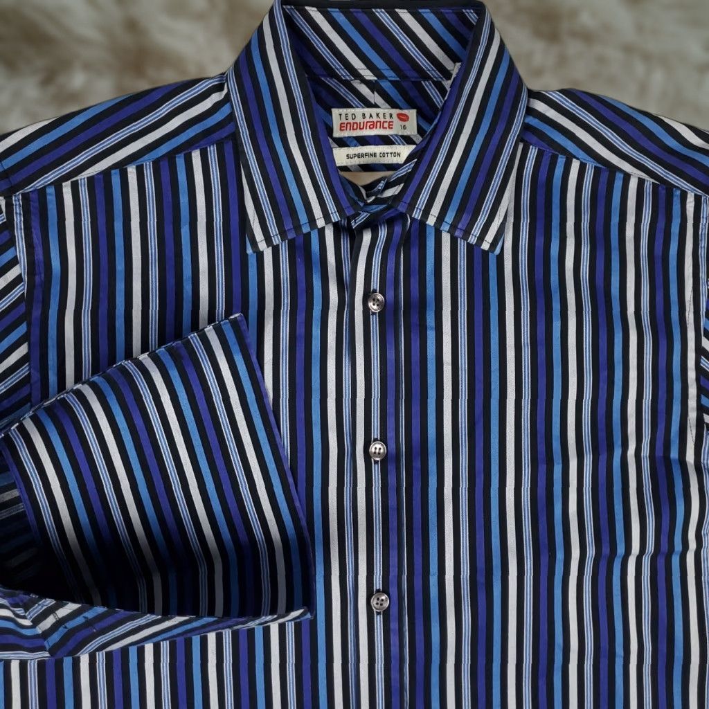 Ted Baker Ted Baker Dress Shirt Men's 16 Blue Striped French Cuff Button-Up Regular Fit Size 42R - 1 Thumbnail