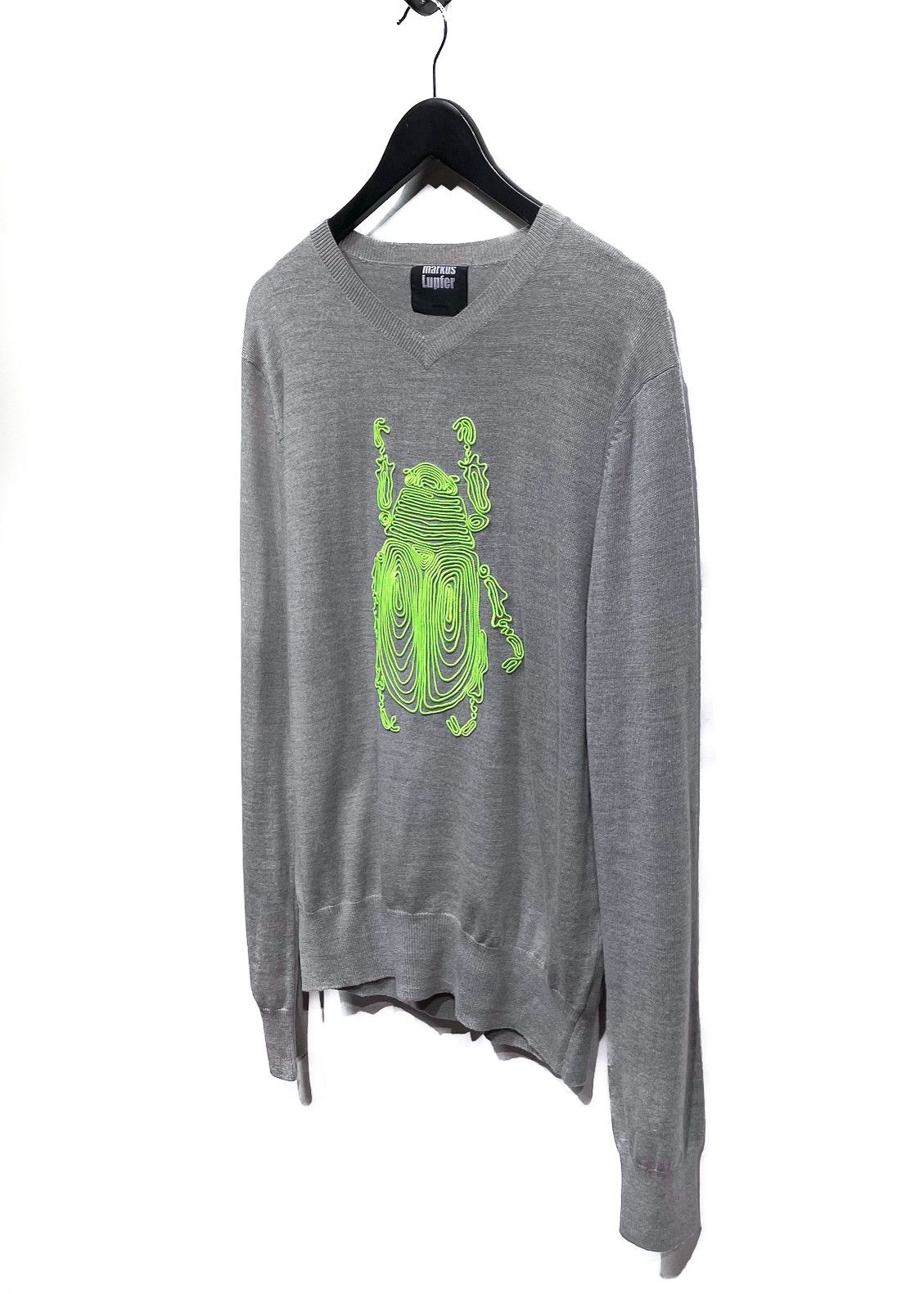 Markus Lupfer Markus Lupfer Grey Wool Sweater Neon Green Beetle Appliqué Size US M / EU 48-50 / 2 - 2 Thumbnail