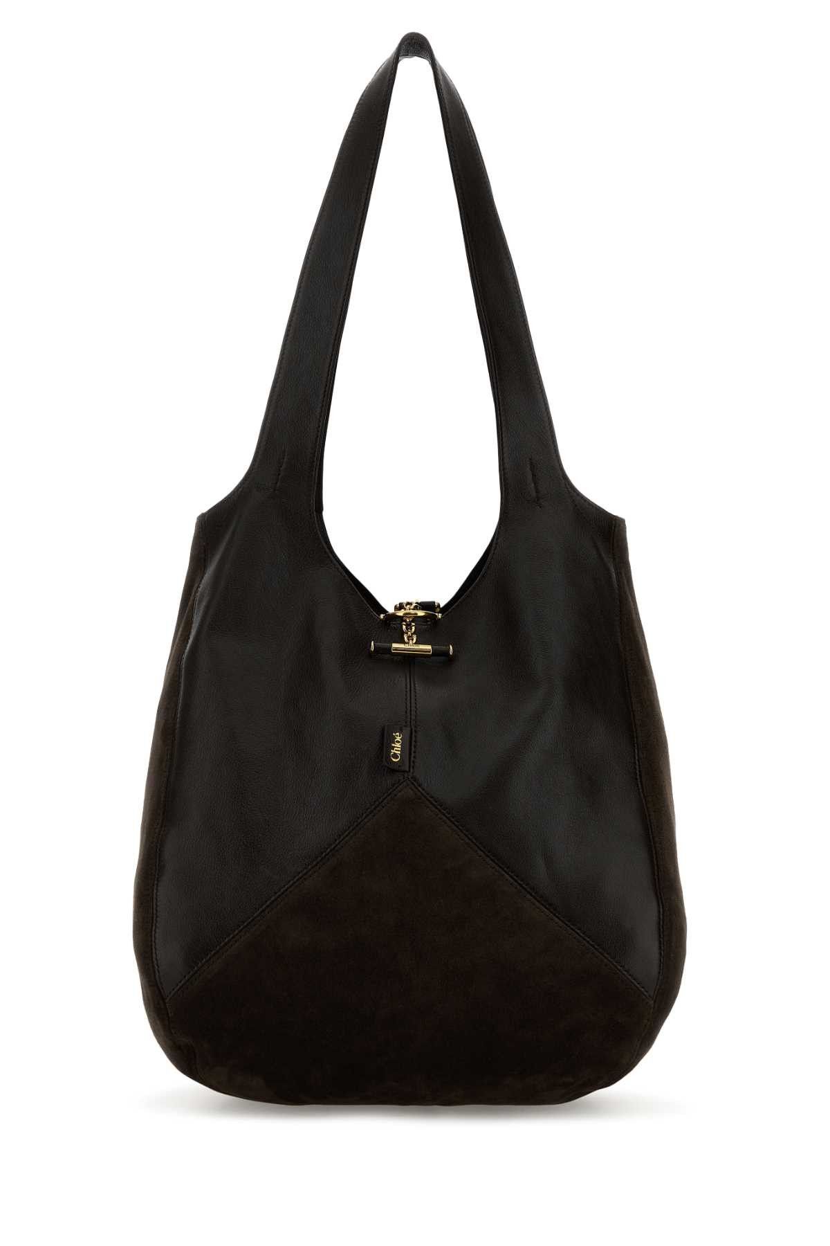Brown Suede And Leather Balloon Shopping Bag