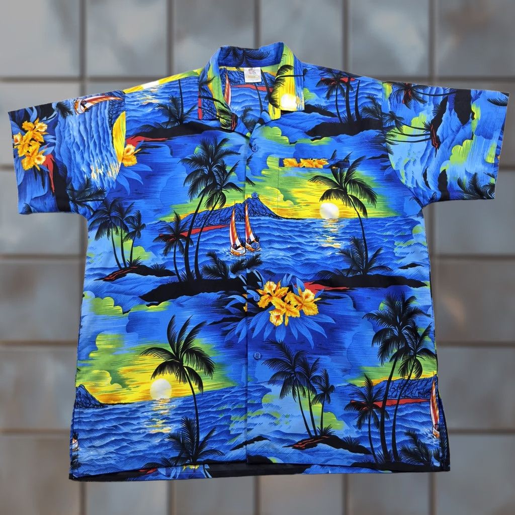 Erima Rima Button Up Shirt Mens Large Blue Scenic Hawaiian Aloha Short Sleeve Size US L / EU 52-54 / 3 - 1 Thumbnail