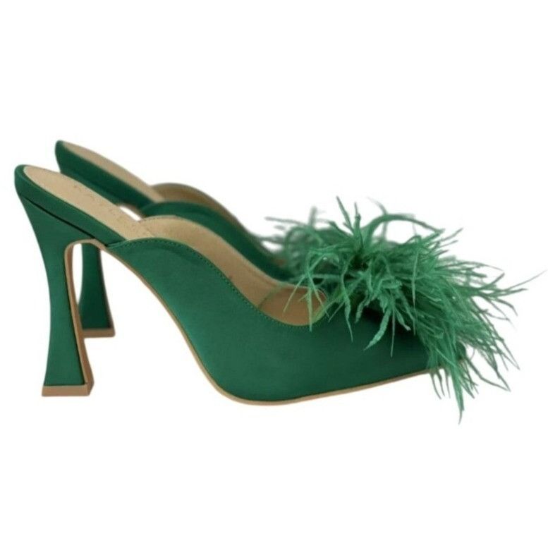 Other KAYLEEN / Cailin-20/ Green Satin / Feathered / Mule Heels/ Size US 8.5 / IT 38.5 - 3 Thumbnail
