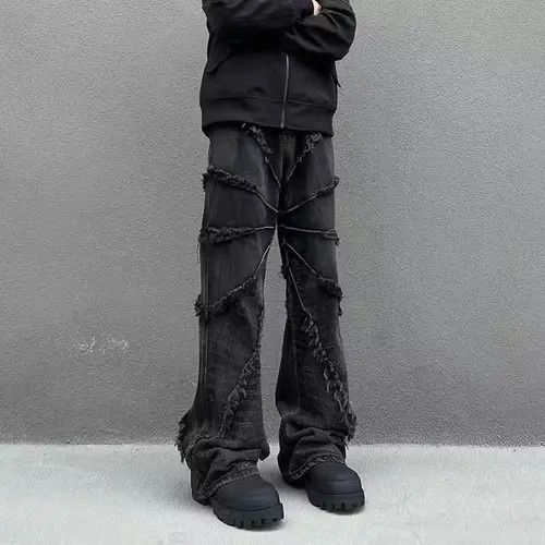 image of Vintage Black Raw Edge Fringed Wide Leg Jeans, Men's (Size 32)