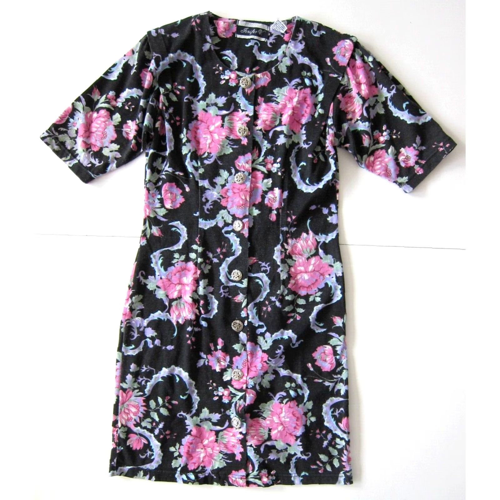 Pinko VINTAGE Jenifer V. Black Pink Green Floral Button Down Shift A-Line Dress Medium Size M / US 6-8 / IT 42-44 - 2 Thumbnail