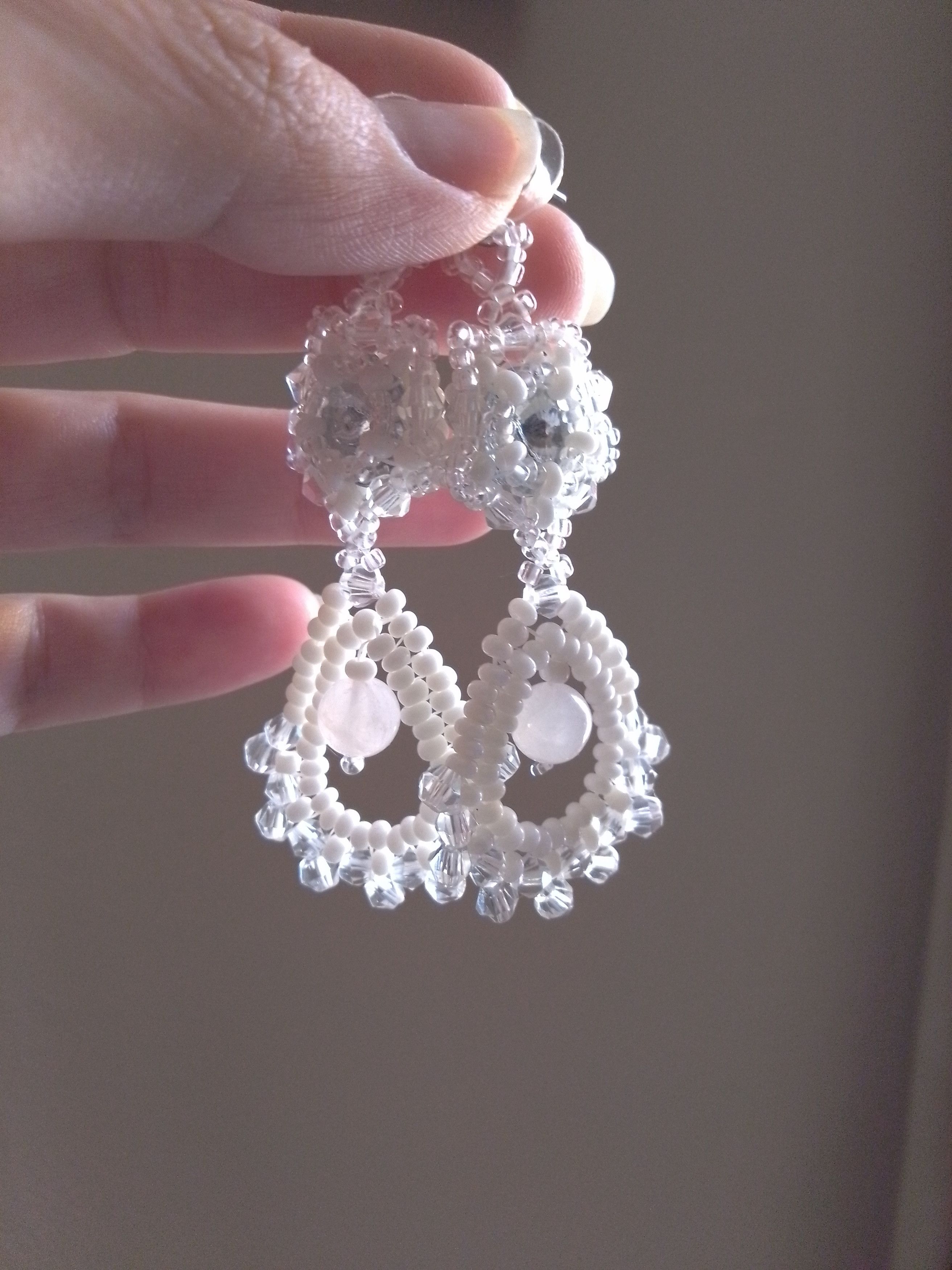 Handmade White Earrings bell shape Rose quartz gemstones Size ONE SIZE - 7 Thumbnail