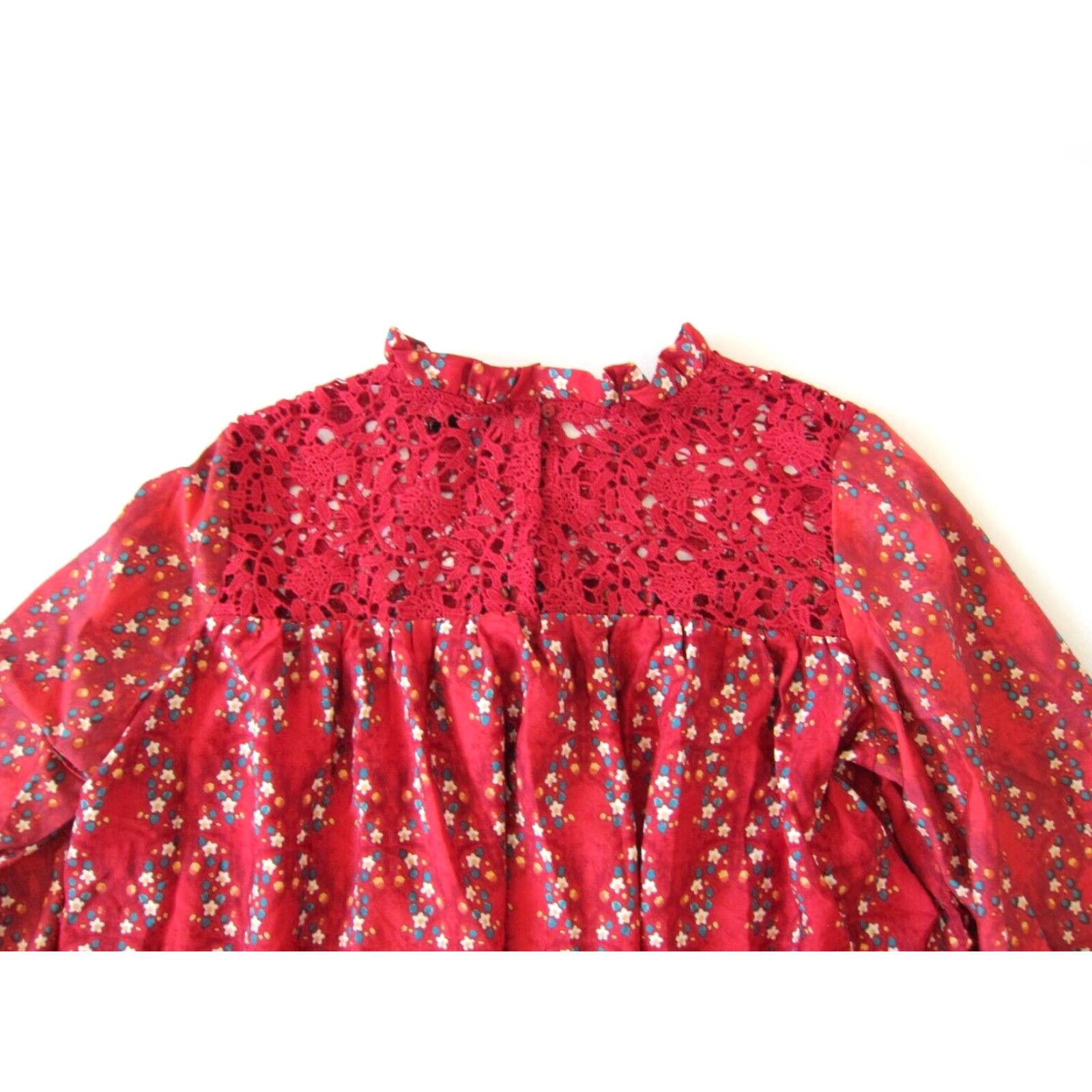 Vintage Suzanne Betro Red Floral Bird High Neck Long Sleeve Ruffle Blouse XL Women’s Blouse Size XL / US 12-14 / IT 48-50 - 5 Thumbnail