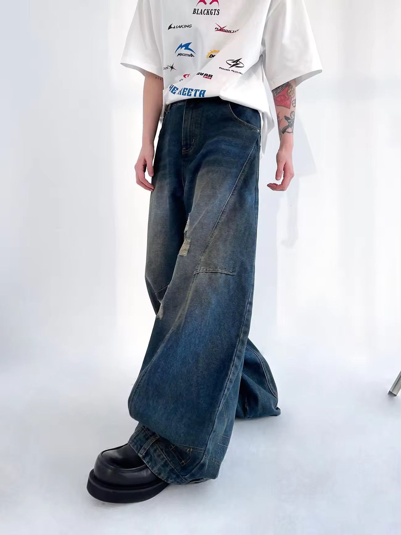 Designer × Vintage Streetwear Ripped Distressed Hip Hop Wide Leg Jeans Pants Size US 29 - 8 Thumbnail