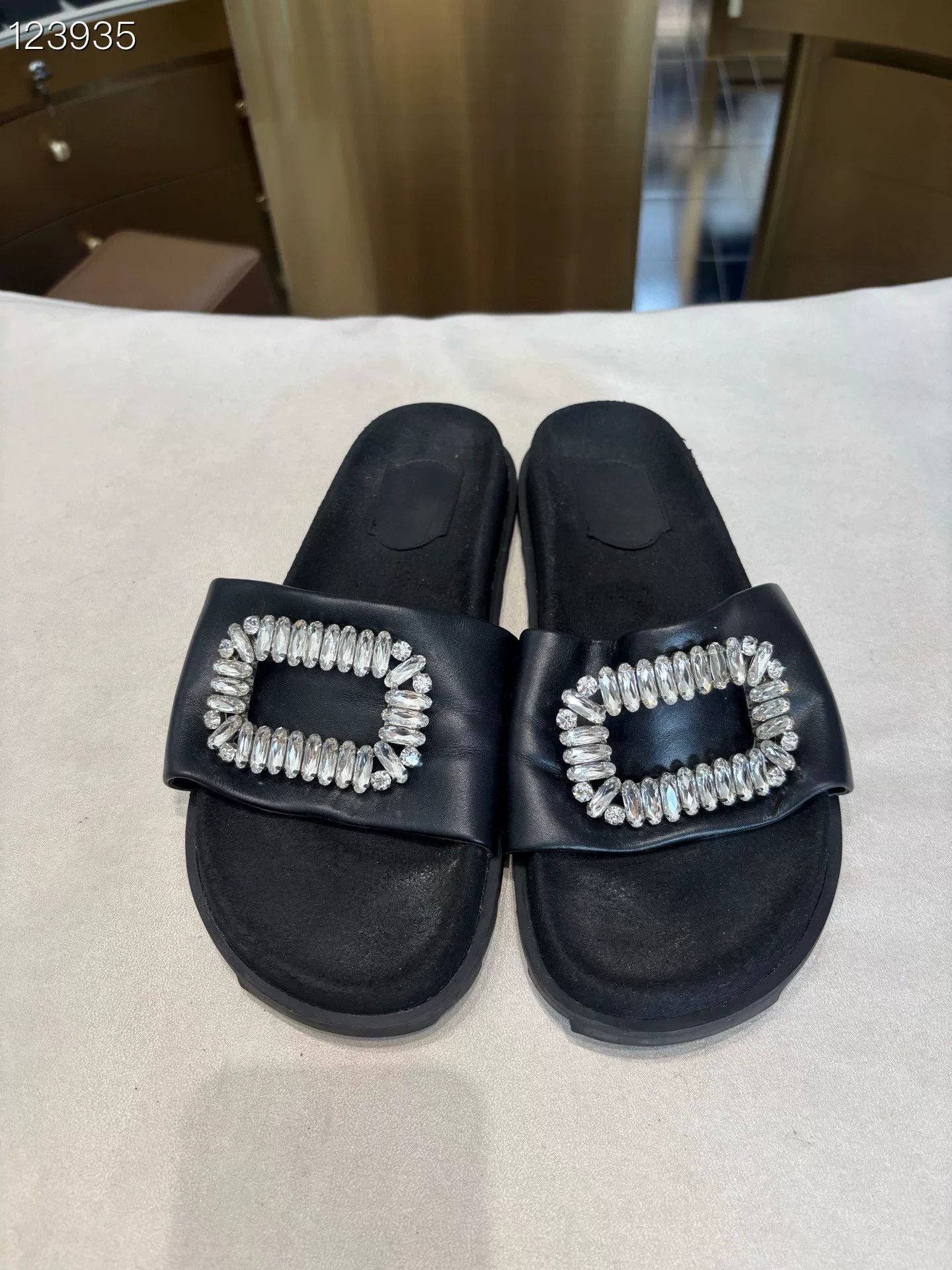 Roger Vivier Black Diamond Buckle Leather Slippers Size US 8 / IT 38 - 1 Thumbnail