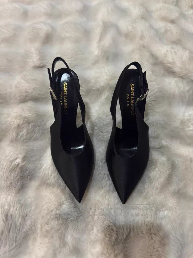 Saint Laurent Paris Saint Laurent Paris Black Crystal-Adorned Satin High-Heele Size US 5.5 / IT 35.5 - 5 Thumbnail