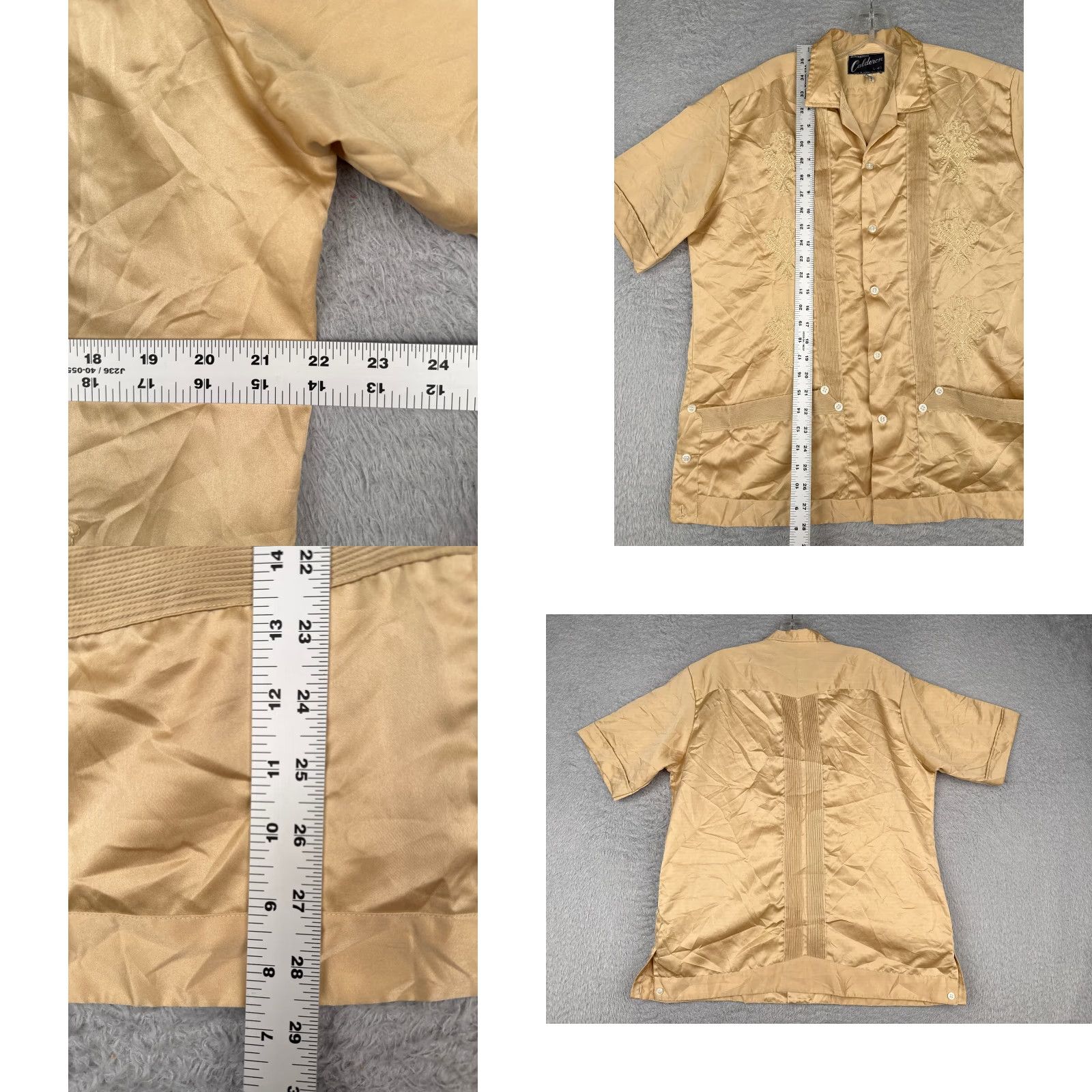 Vintage Calderon Shirt Men Large Yellow Guayabera Button Up Polyester Satin 4 Pocket Short Sleeve Compact Casual Resort Aloha Beach Vacation 4 Pocket Mens Size US L / EU 52-54 / 3 - 8 Thumbnail