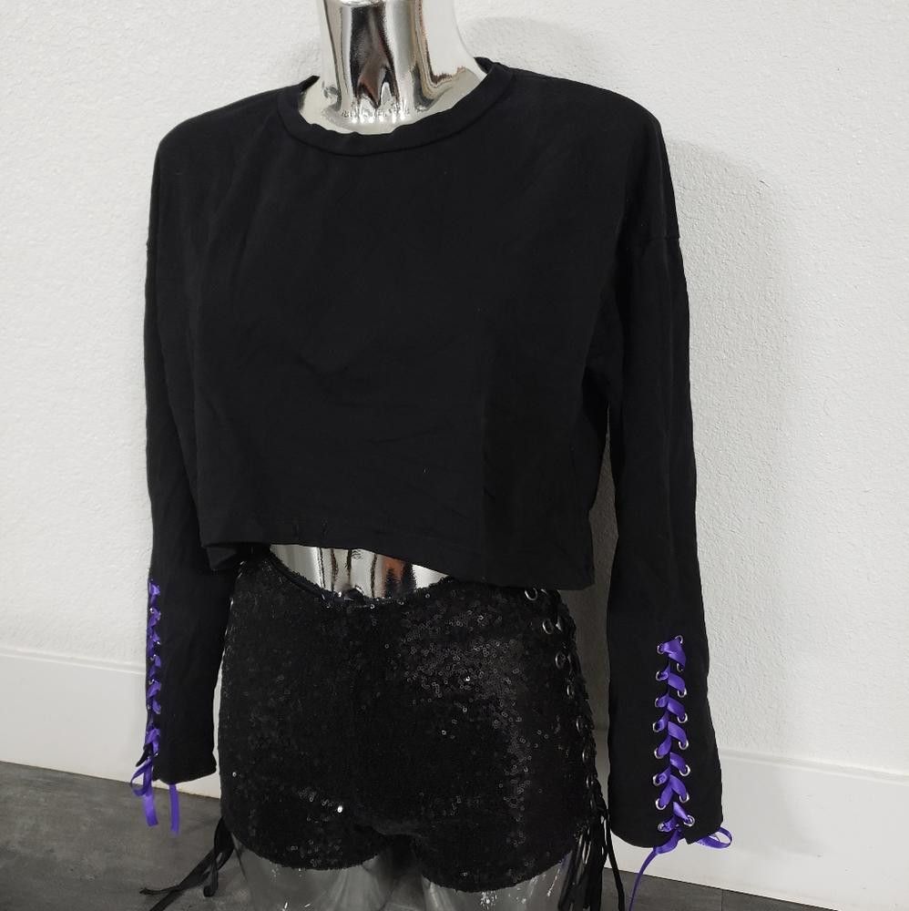 Designer Black Violet Ribbon Detailed HC Long Sleeve Size L / US 10 / IT 46 - 2 Thumbnail