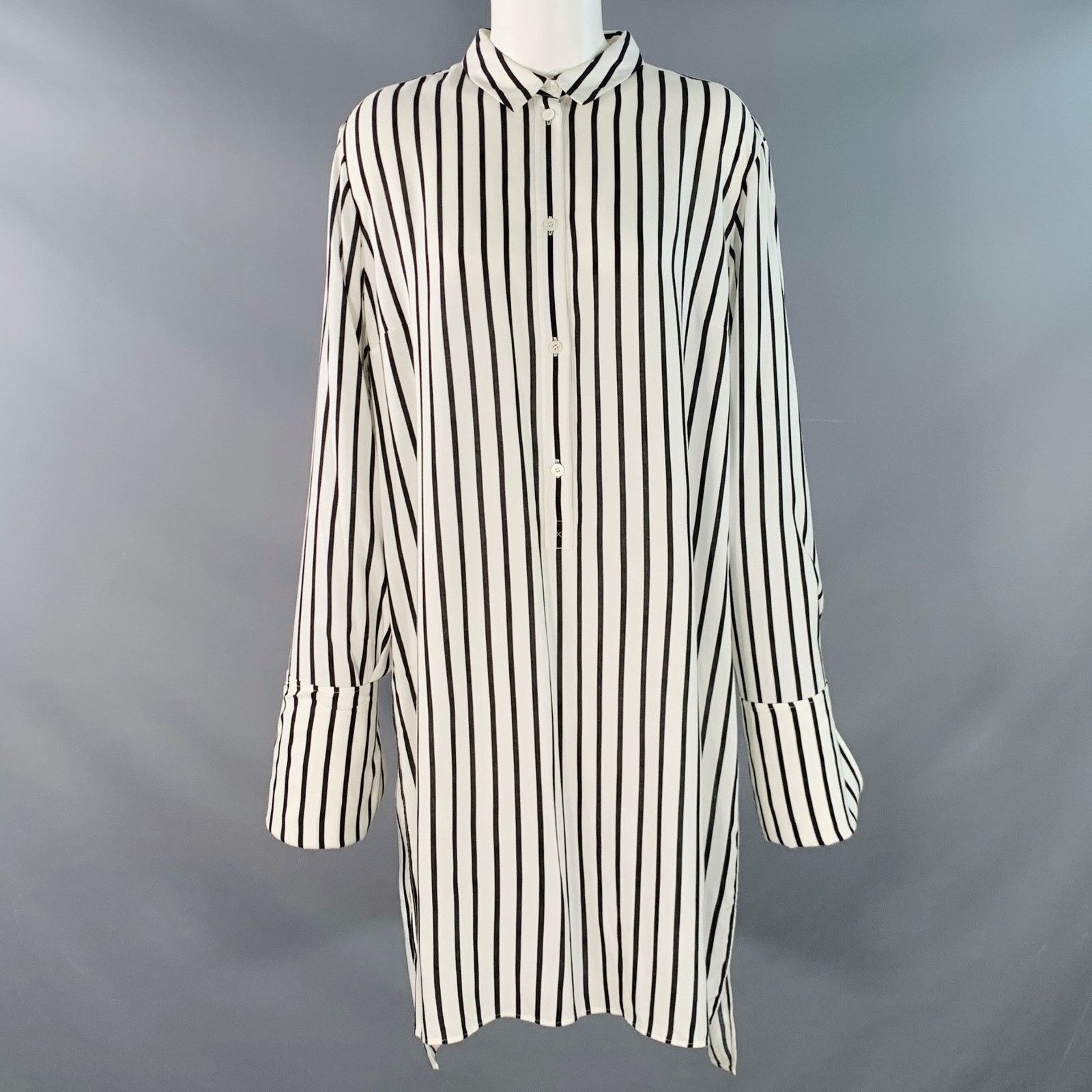 McQ Alexander McQueen L Black White Viscose Stripe Tunic Shirt Size L / US 10 / IT 46 - 2 Thumbnail