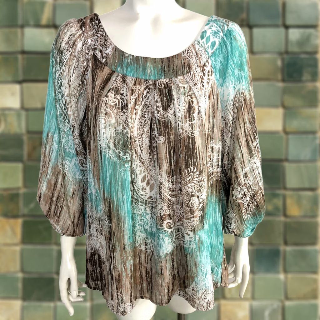 Vintage Dressbarn Blouse Shirt Dressbarn XL Whimsy Smocked BOHO Abstract Top Sheer Sleeve Brown Blue Geometric Long Sleeve Scoop Neck Casual Womens Girls Mens Size XL / US 12-14 / IT 48-50 - 1 Thumbnail
