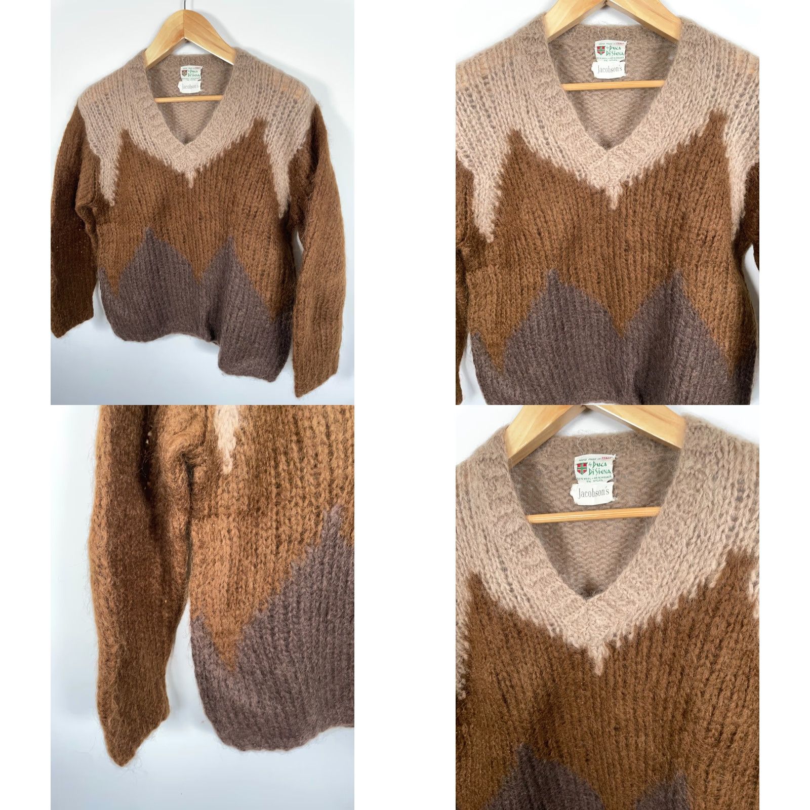 Vintage VINTAGE Jacobson's Wool Mohair V-Neck Sweater Men's Medium Brown Geometric Knit Pullover 50s 60s Hipster Retro Casual Hand Wash Only Size US M / EU 48-50 / 2 - 9 Thumbnail