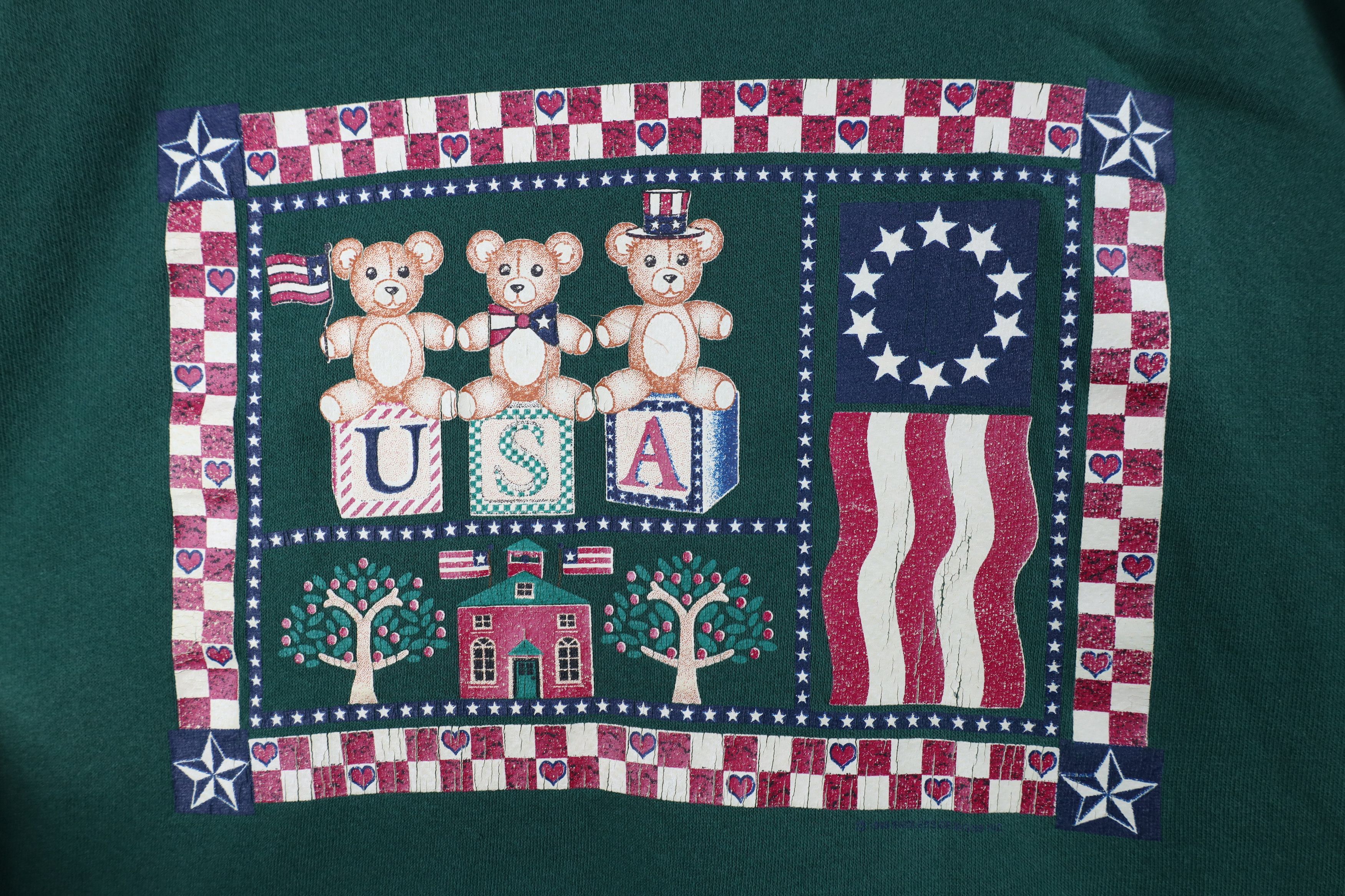 Vintage Vintage 90s Streetwear Flag Bear Sweatshirt Green USA Size XL / US 12-14 / IT 48-50 - 4 Thumbnail