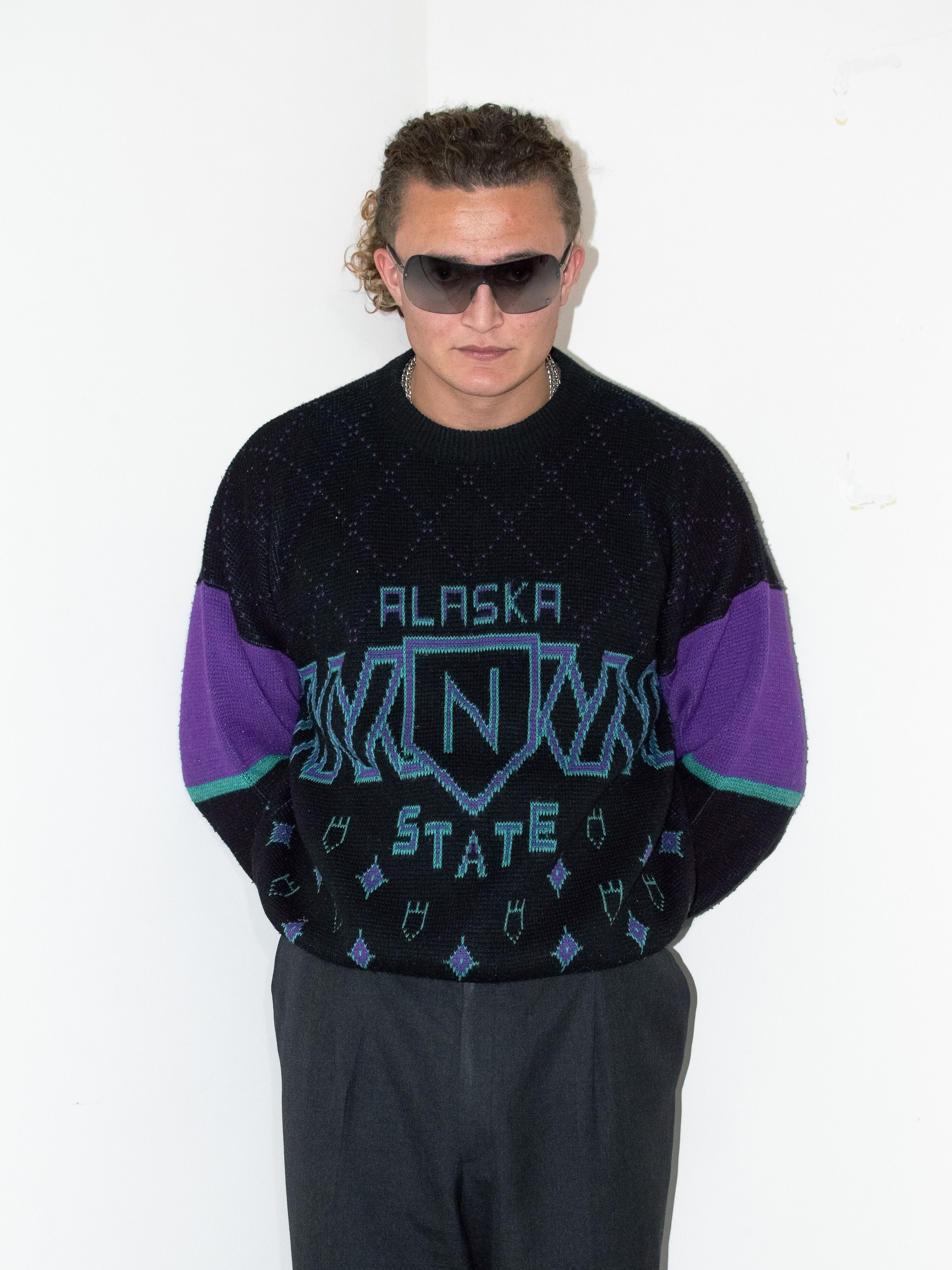 Designer × Vintage 90s Vintage Dark grey Chunky wool Graphic knit jumper Size US XL / EU 56 / 4 - 1 Thumbnail