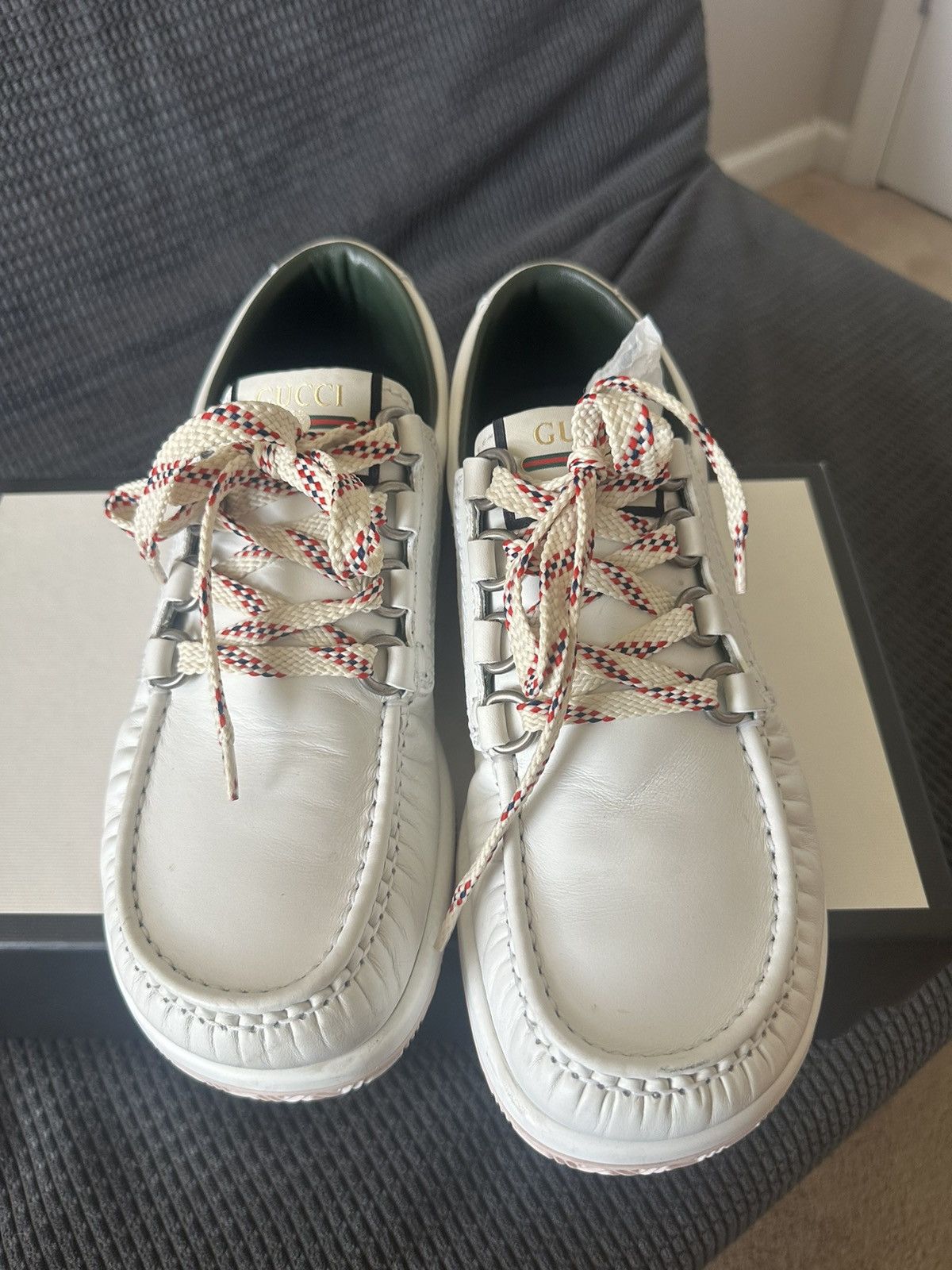 Gucci GUCCI White Web Lace Up Leather Agrado Boat Shoes Size 9-9.5 Size US 9 / EU 42 - 2 Thumbnail