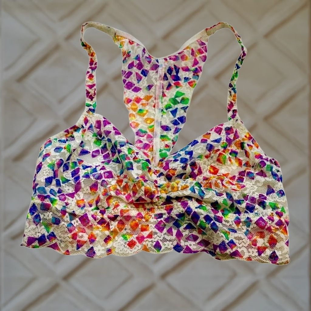 Victoria's Secret VINTAGE VS PINK Bralette Lace Racerback Sheer Neon Y2K Festival Lingerie Size M Womens Bralette Wireless Lace Semi-Sheer Geometric Pattern White Size ONE SIZE - 1 Thumbnail