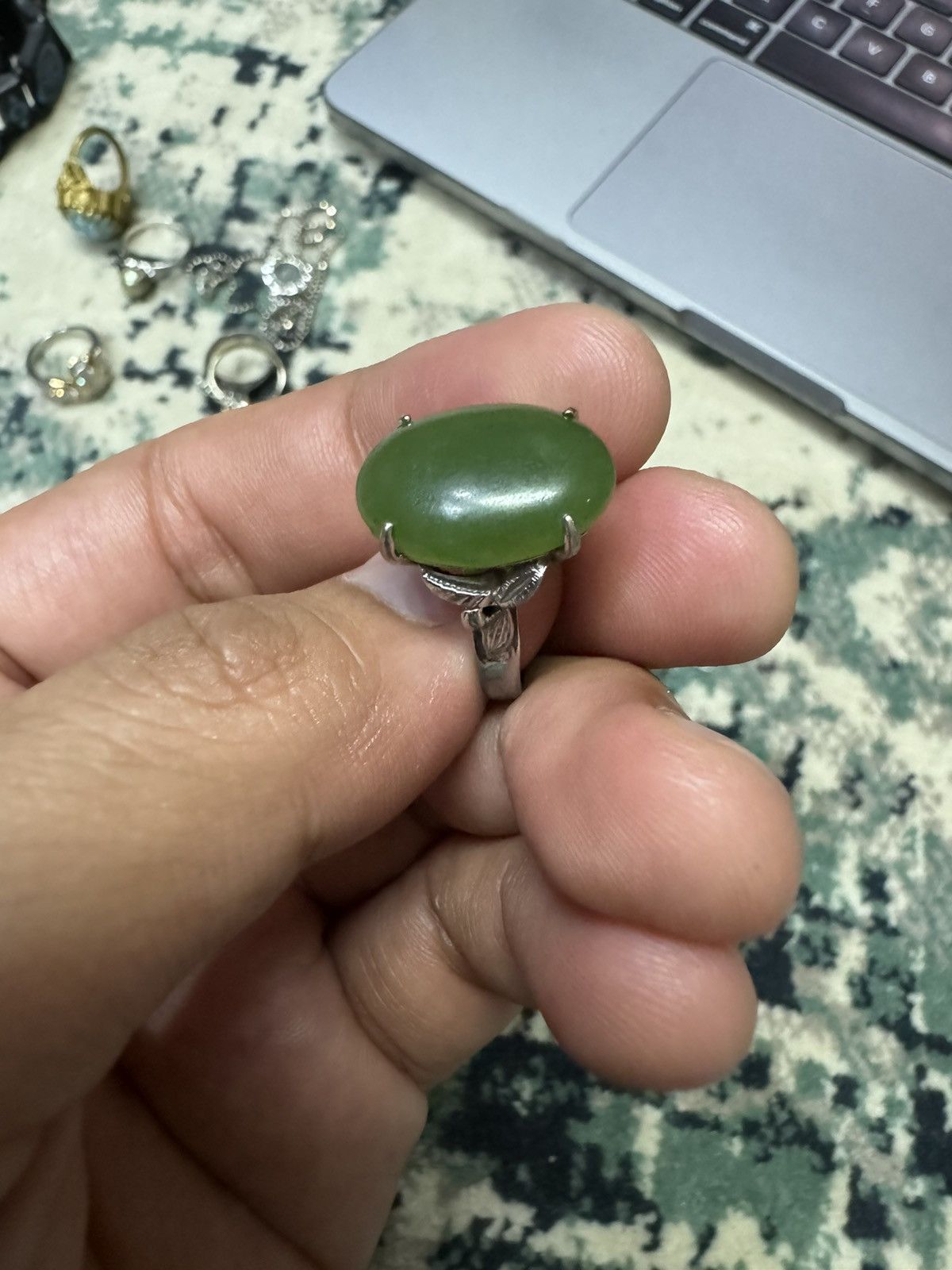 Jewelry × Sterling Silver × Vintage GREEN JADE GEMSTONE RING Size ONE SIZE - 7 Thumbnail