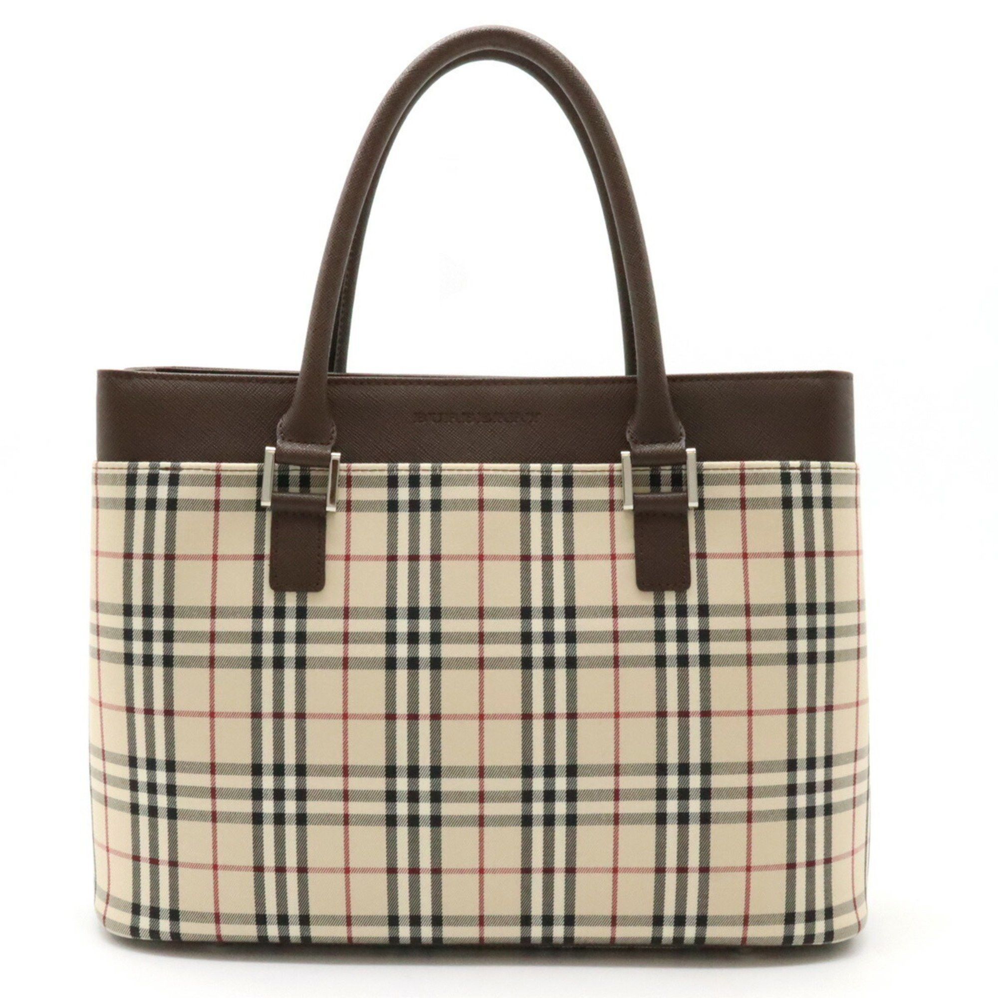 image of Burberry Nova Check Pattern Tote Bag Handbag Canvas Leather Beige Red Dark Brown, Women's