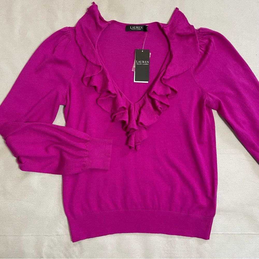 Ralph Lauren NWT New $125 Ralph Lauren Pink Ruffle-Trim Jersey Sweater S Size M / US 6-8 / IT 42-44 - 6 Thumbnail