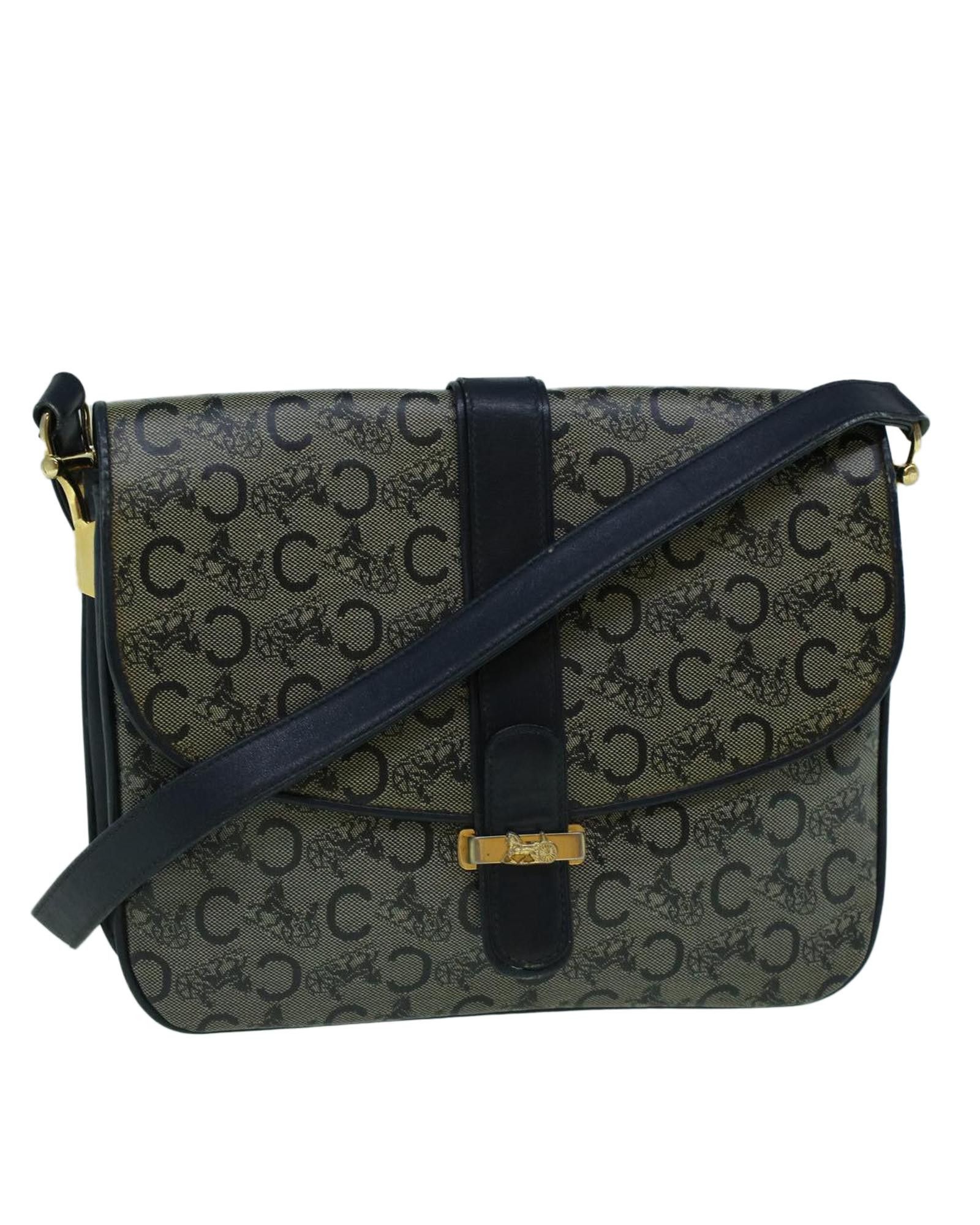 image of Celine Navy Coated Canvas Shoulder Bag With Macadam Design, Women's