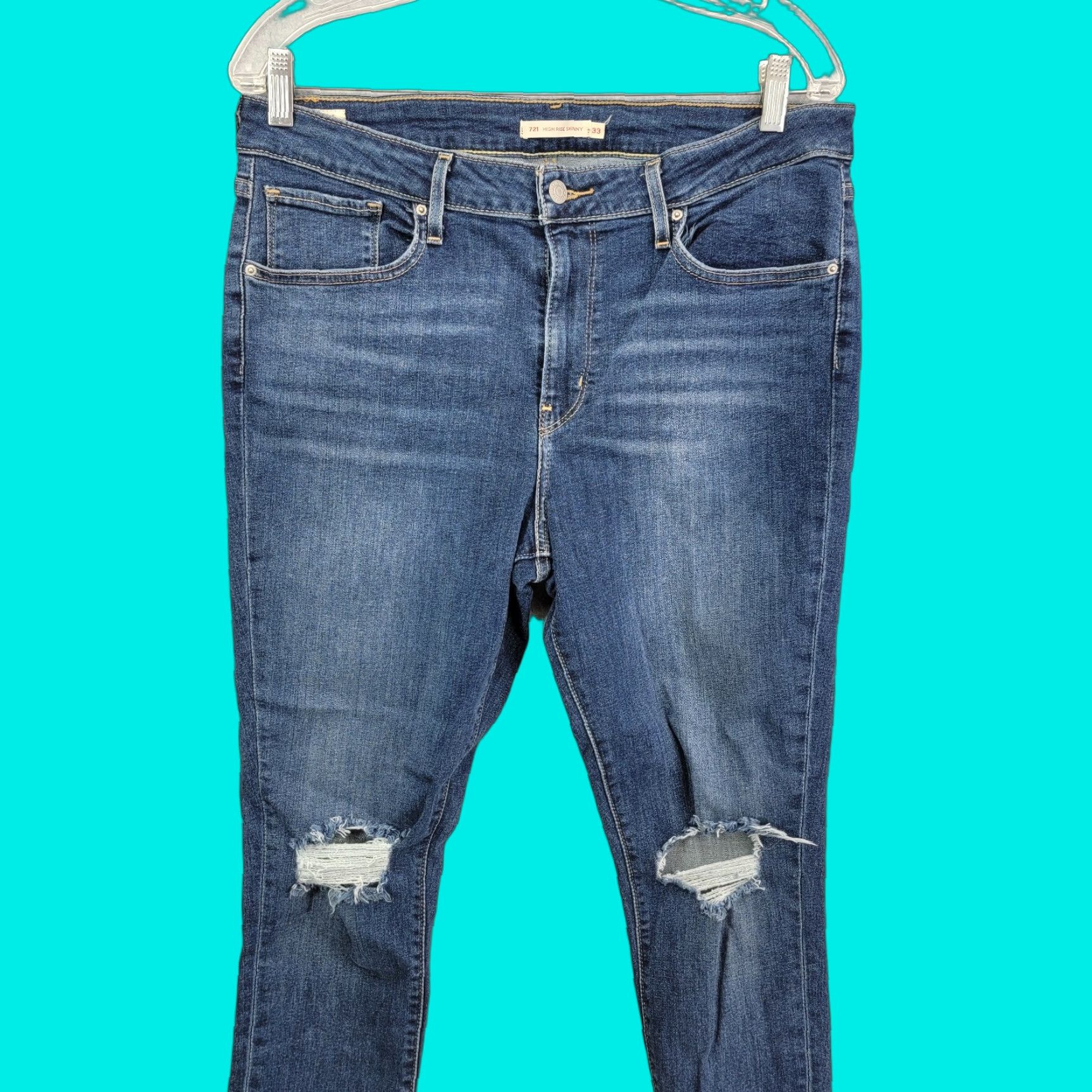 Levi's Levi's Jeans 33x30 721 High Rise Skinny Ripped Knee Womens Pants Blue Slimming Distressed XS? (excluded) Size 24" / US 00 / IT 34 - 1 Thumbnail