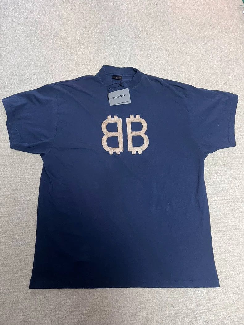 Balenciaga 24 Fw Smoke Blue Mud Dyed Bitcoin Destroy Short Short Sleeve T  Shirts