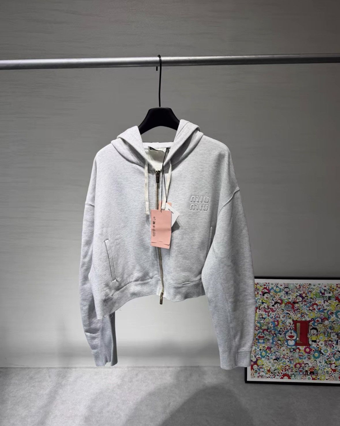 Miu Miu Gray Cropped Long Sleeve Hoodie .xy