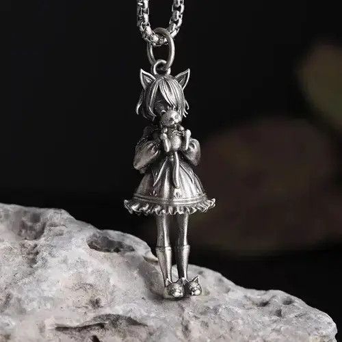 Jewelry Cute Girl Holding A Cat Pendant in Silver, Men's
