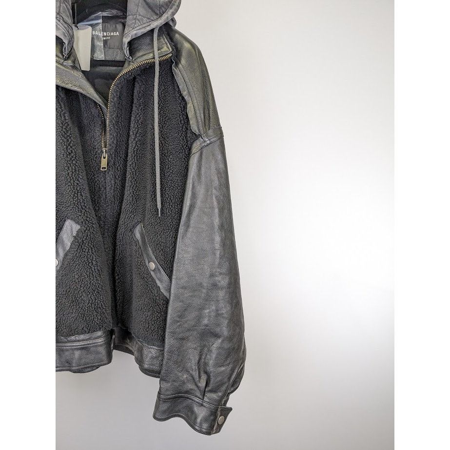 Balenciaga o1rshd1 Leather Sleeve Shearling Fleece Jacket in Black Size US XS / EU 42 / 0 - 6 Thumbnail