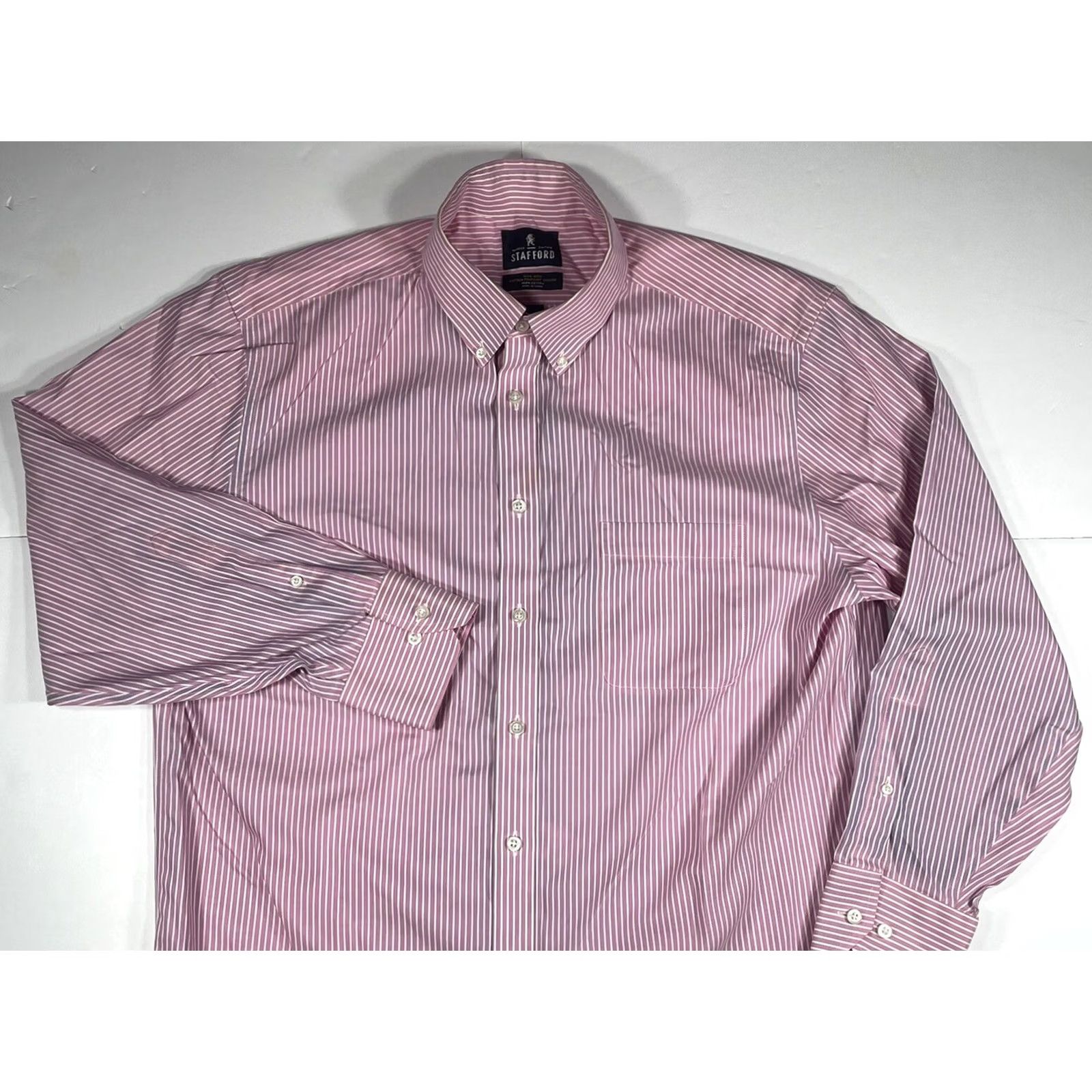 Stafford Stanford NonIron Button Up Long Sleeve Dress Shirt Mens 16 1/2 32/33 Pink Striped Size 46R - 2 Thumbnail