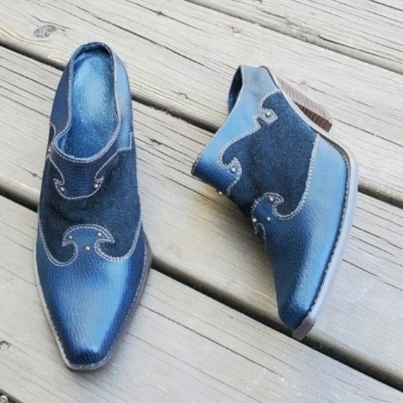 Vintage Vintage 70s Western Boho Blue Leather and Suede Heeled Mules Size US 8 / IT 38 - 9 Thumbnail