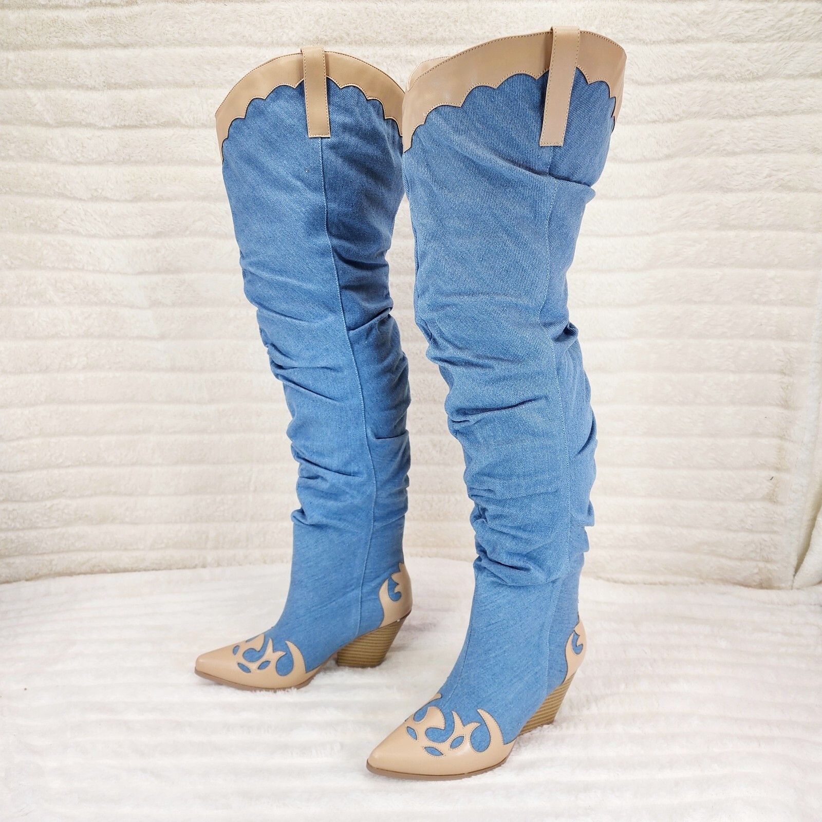 Other Western Denim OTK Thigh High Slouch Cowboy Boots (Size:7;) Size US 7 / IT 37 - 7 Thumbnail