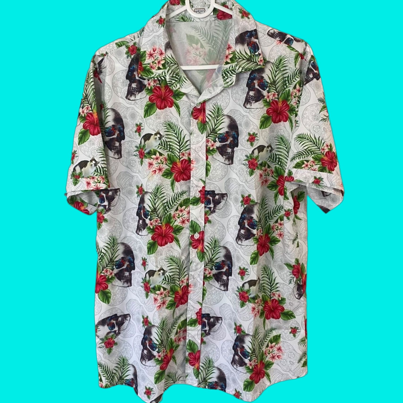 Vintage VINTAGE Angels Trove Button-Up Shirt Mens XL White Floral Skull Cat Print Hawaiian Shirt Size US XL / EU 56 / 4 - 1 Thumbnail
