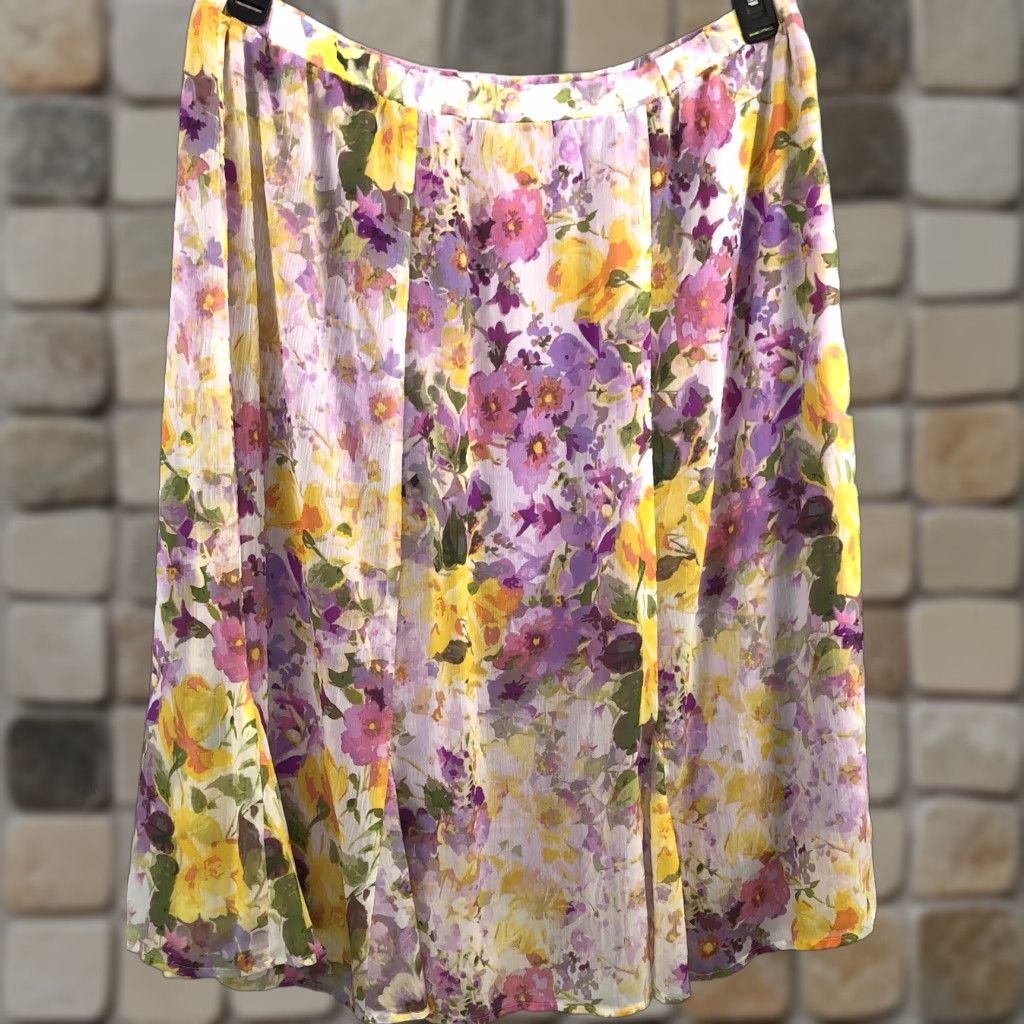 Vintage Bon Worth Midi Chiffon Skirt L Multi Floral Pleat 36″ Elasticwaist Cottage Fairy, Women’s