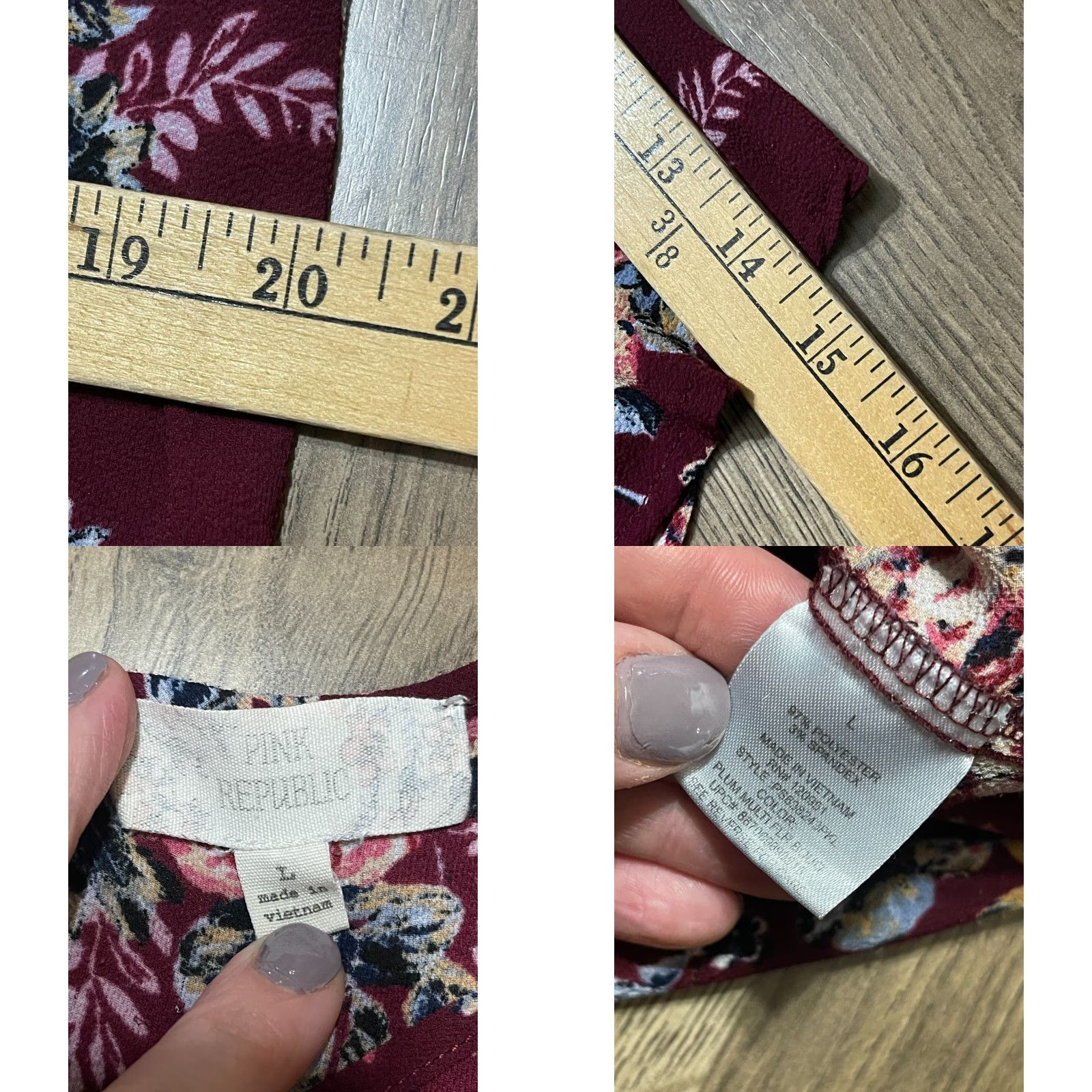 Vintage Pink Republic Shirt, Women, L, Floral, Back Zip Up, 3/4 Sleeve, Round Neck, Casual, Maroon, Pink, Regular Fit, T-Shirt, Vintage No Size L / US 10 / IT 46 - 8 Thumbnail