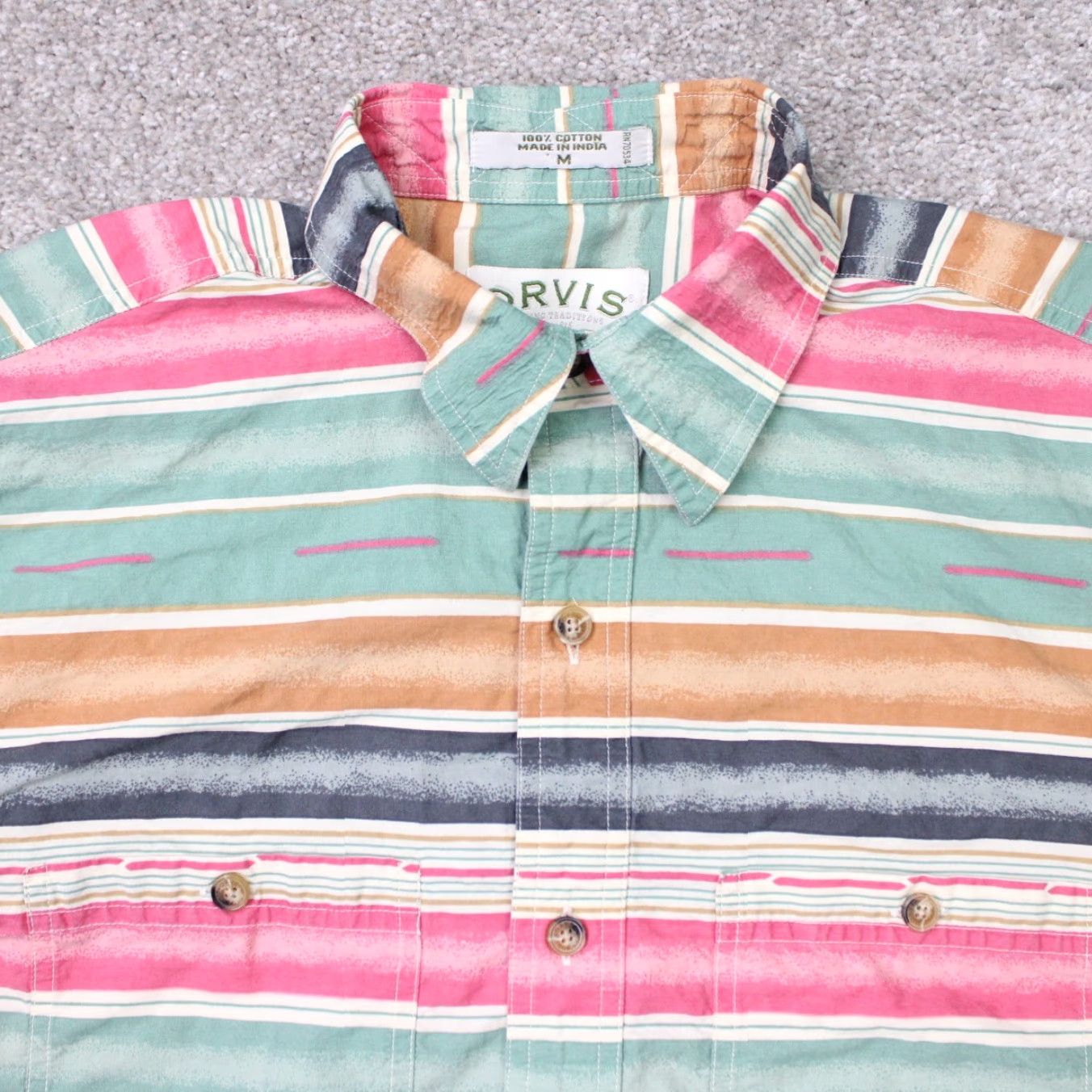 Orvis Orvis Shirt Mens Medium Green/Pink Striped 100% Cotton Short Sleeve Button-Up Shirt Size US M / EU 48-50 / 2 - 4 Thumbnail