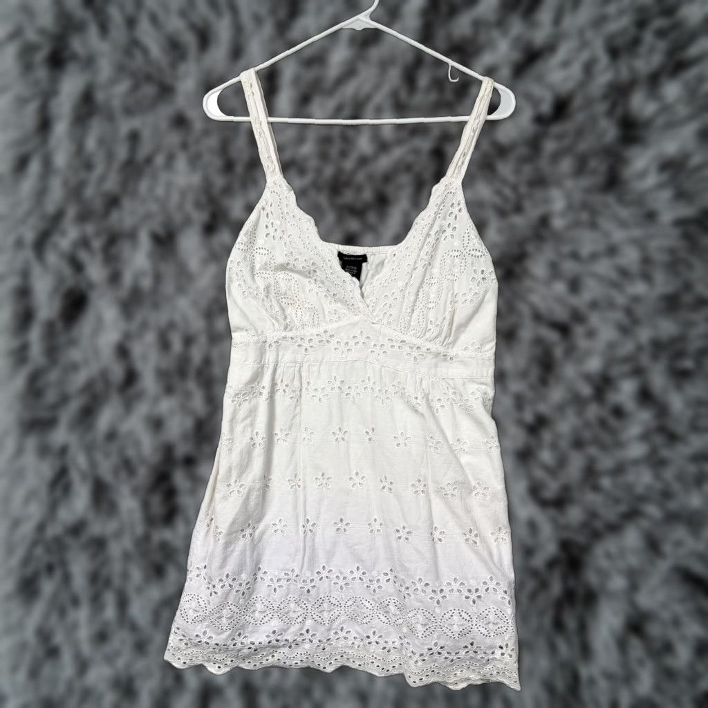 Vintage Calvin Klein Jeans Dress XL White Eyelet Sundress V-Neck Boho Chic Coquette Size 40" / US 18 - 1 Thumbnail