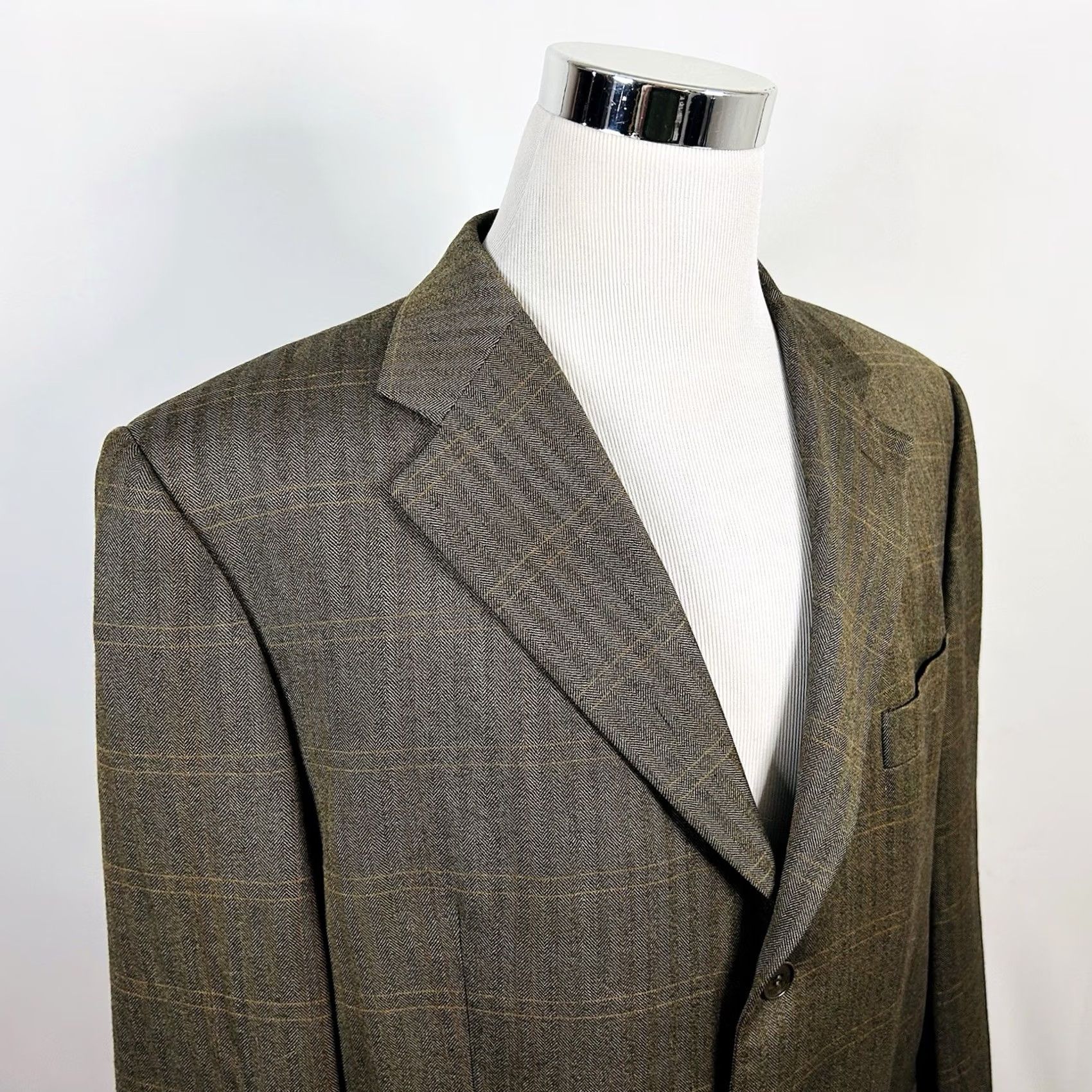 Faconnable Façonnable Sport Coat 48L Green Herringbone Plaid Three Button Wool Italy Mens Size US XS / EU 42 / 0 - 2 Thumbnail