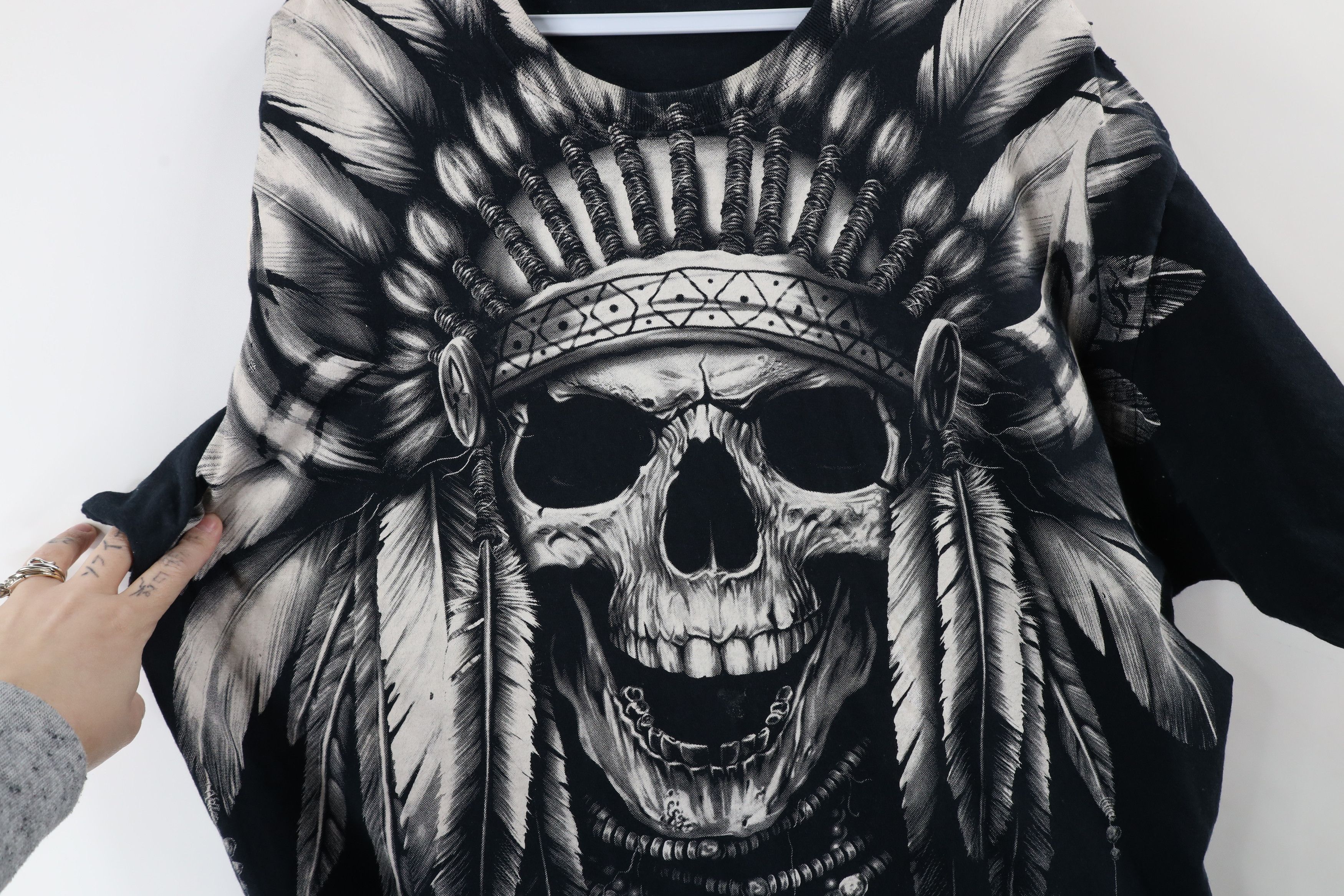 Vintage Vintage 90s Streetwear Skull Indian All Over Print T-Shirt Size US XL / EU 56 / 4 - 4 Thumbnail